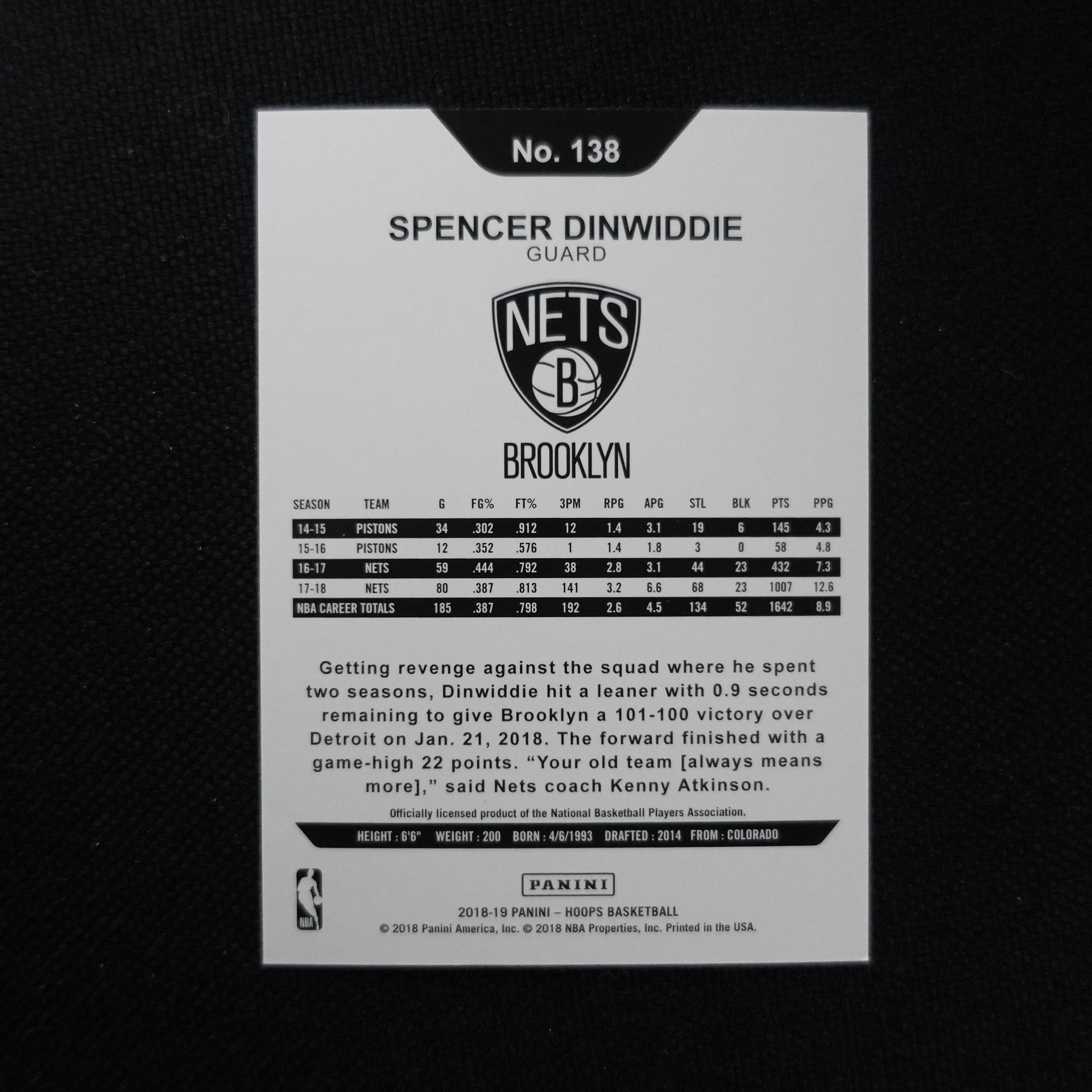2018-19 Panini Hoops Spencer Dinwiddie 丁威迪 /49编 蓝平行 Base 篮网 卡品如图【小涛拍卖】#埼玉