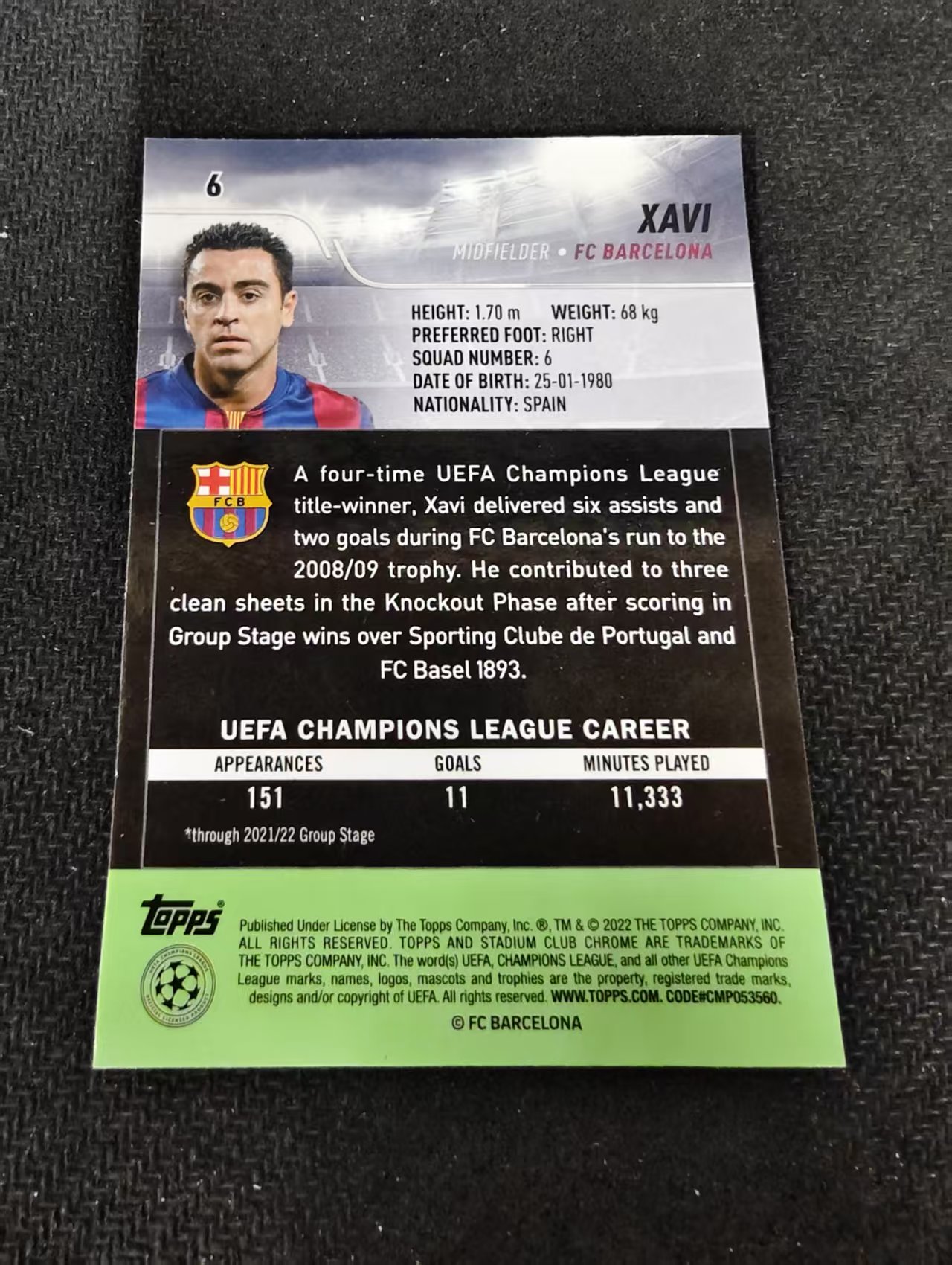 【可合并,不累计】2022 Topps Stadium Club Chrome Xavi 巴塞罗那 巴萨 哈维 竞技场 欧冠 划痕 边角瑕疵 #6
