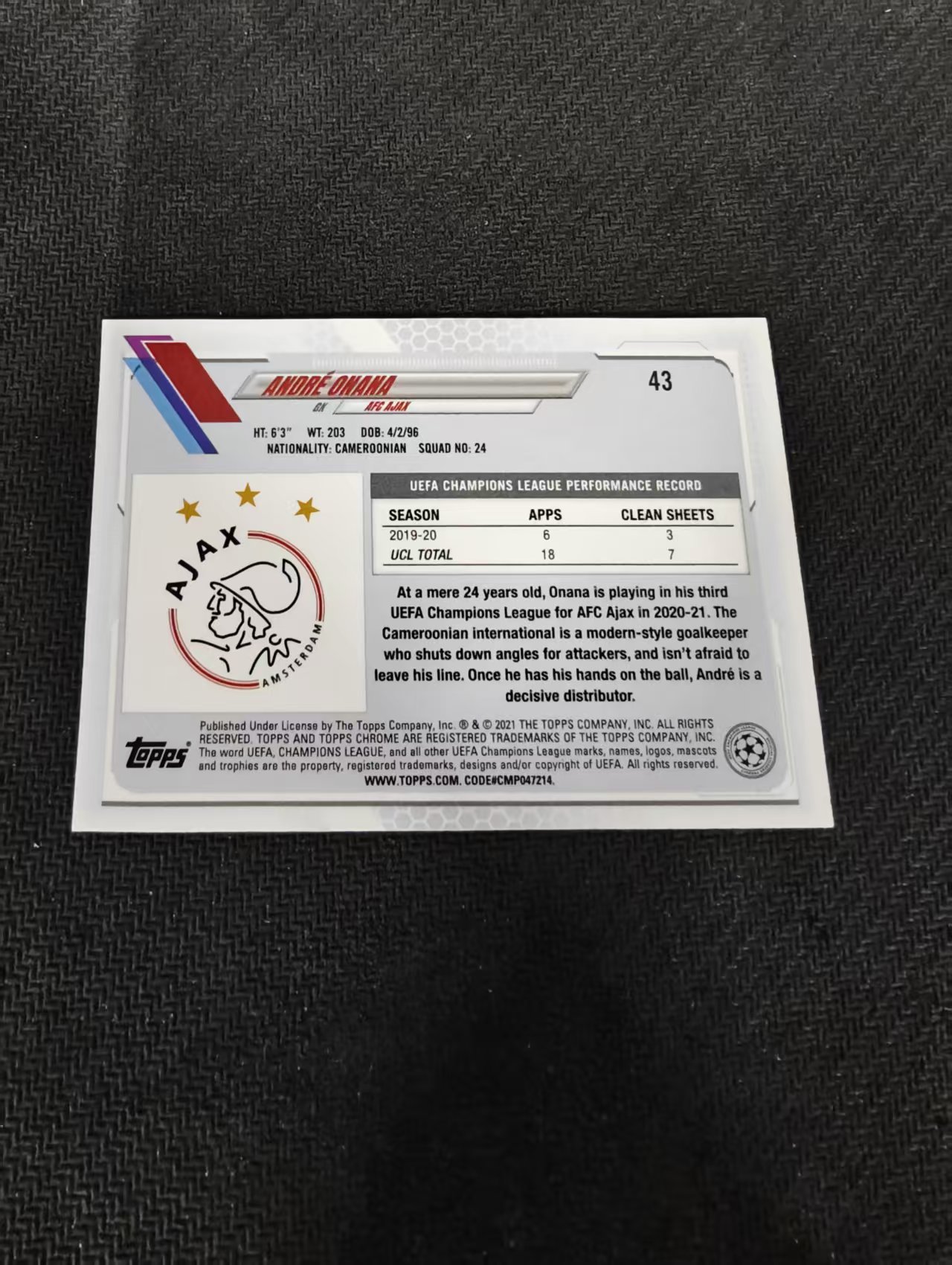 【可合并,不累计】2021 Topps Chrome andre onana 欧冠 蓝宝石 阿贾克斯 安德烈·奥纳纳 蓝碎冰 #43 划痕 边角瑕疵