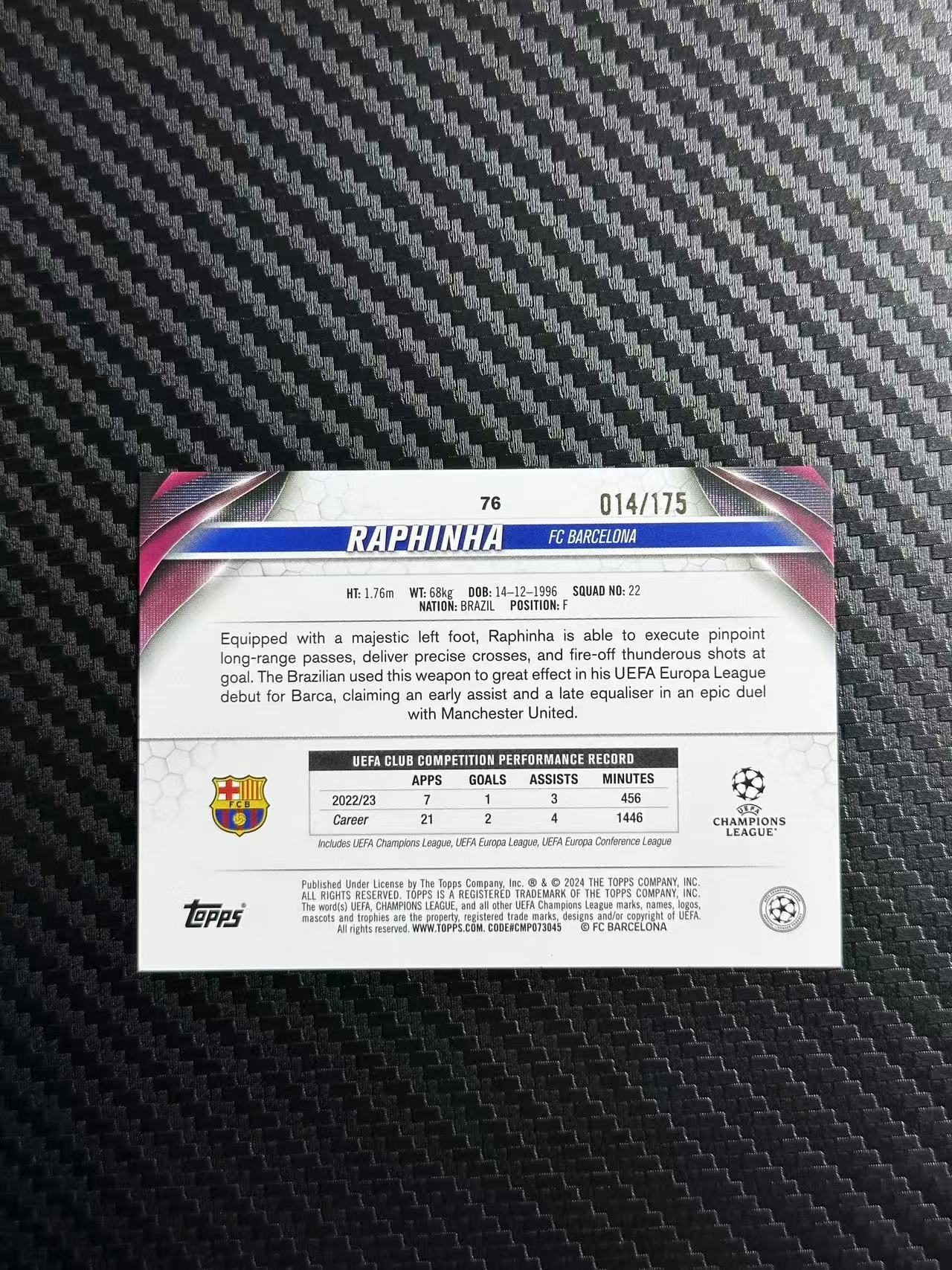 2024 Topps ucc Raphinha 欧冠 碧玉 巴萨 拉菲尼亚 014/175编 蓝玉折 卡品如图 拍前看描述