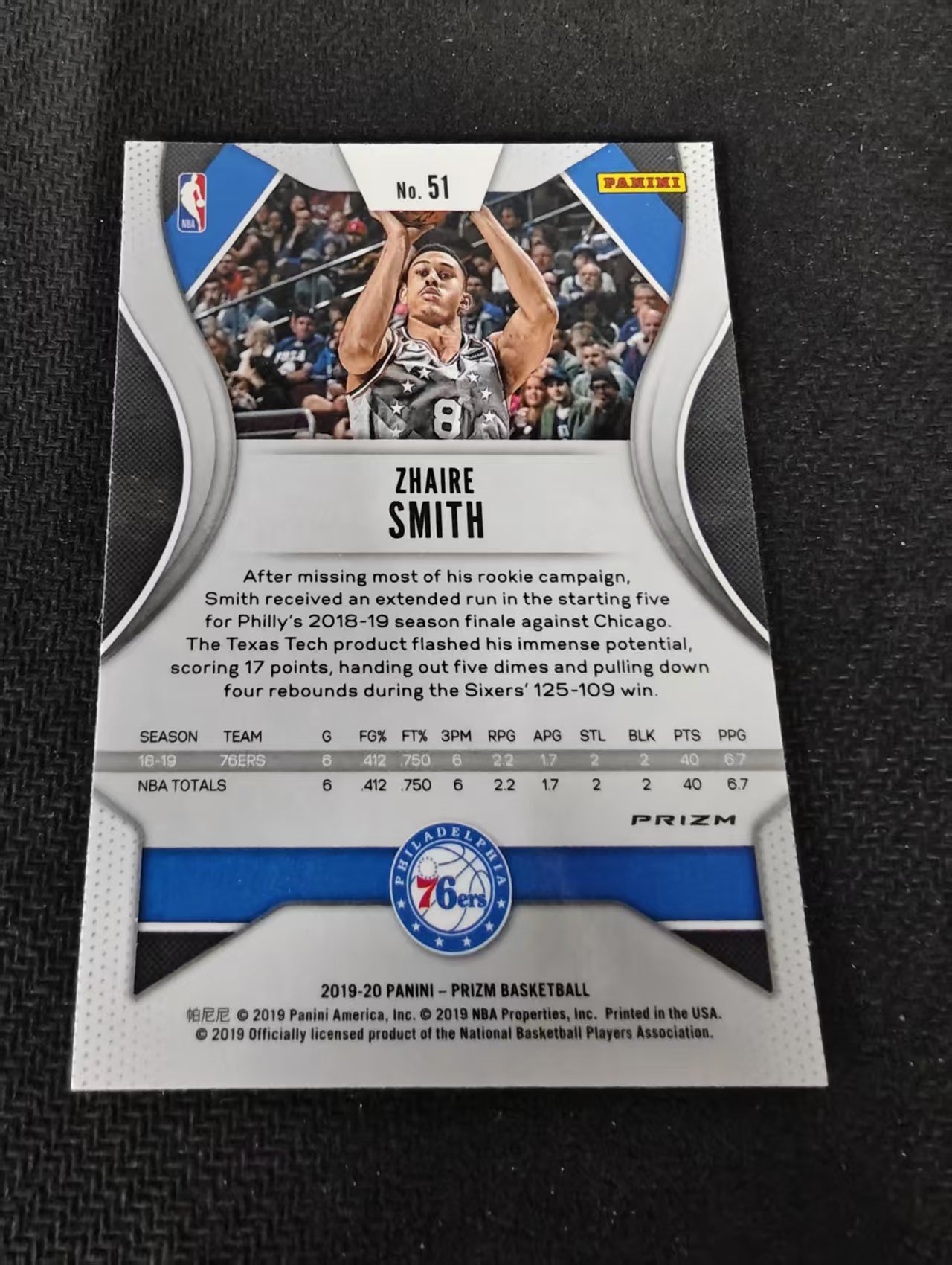 2019-20 Panini Prizm Zhaire Smith 扎伊尔 史密斯 76人 红碎冰 PZ 划痕 边角瑕疵 #51