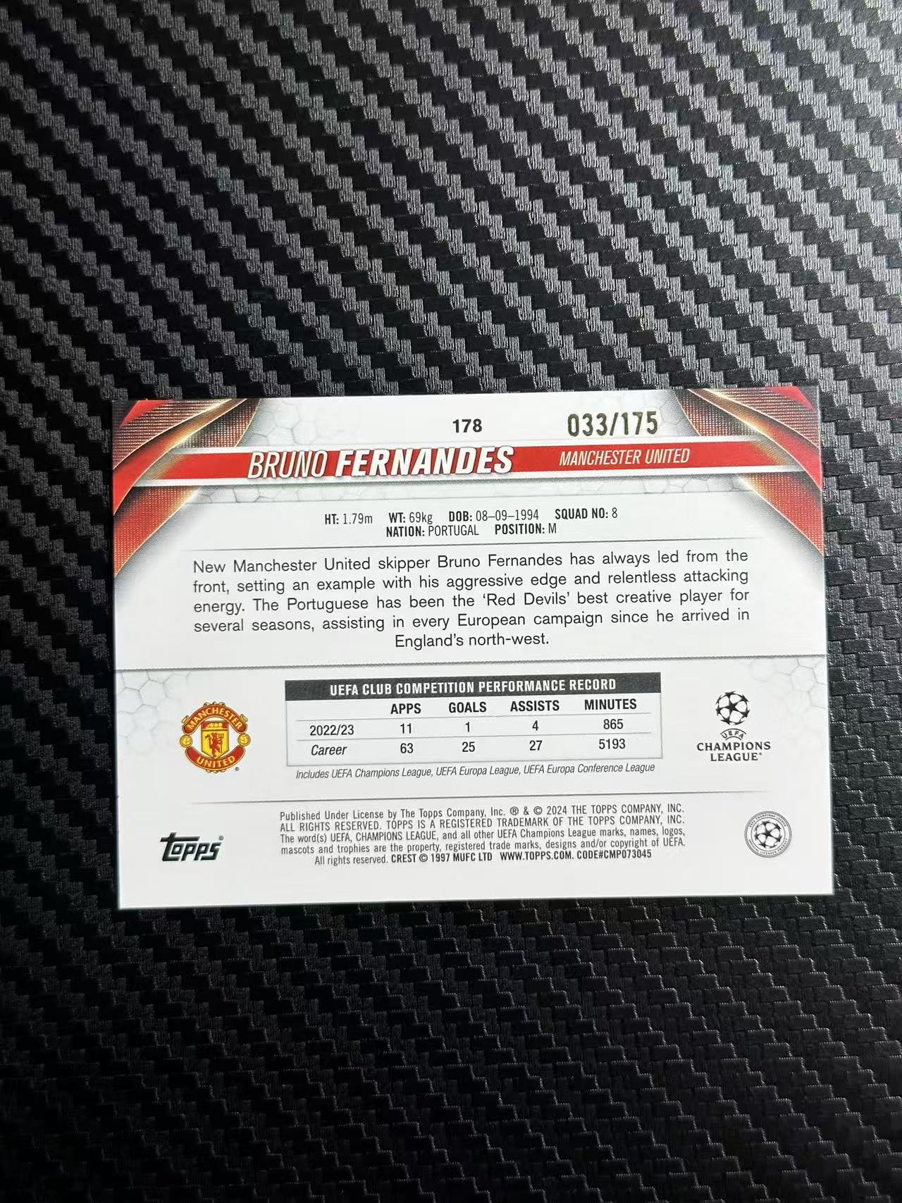 2024 Topps UCC Bruno Fernandes 欧冠 碧玉 B费 布鲁诺 费尔南德斯 曼联 葡萄牙 蓝折 033/175编 卡品如图 拍前看描述