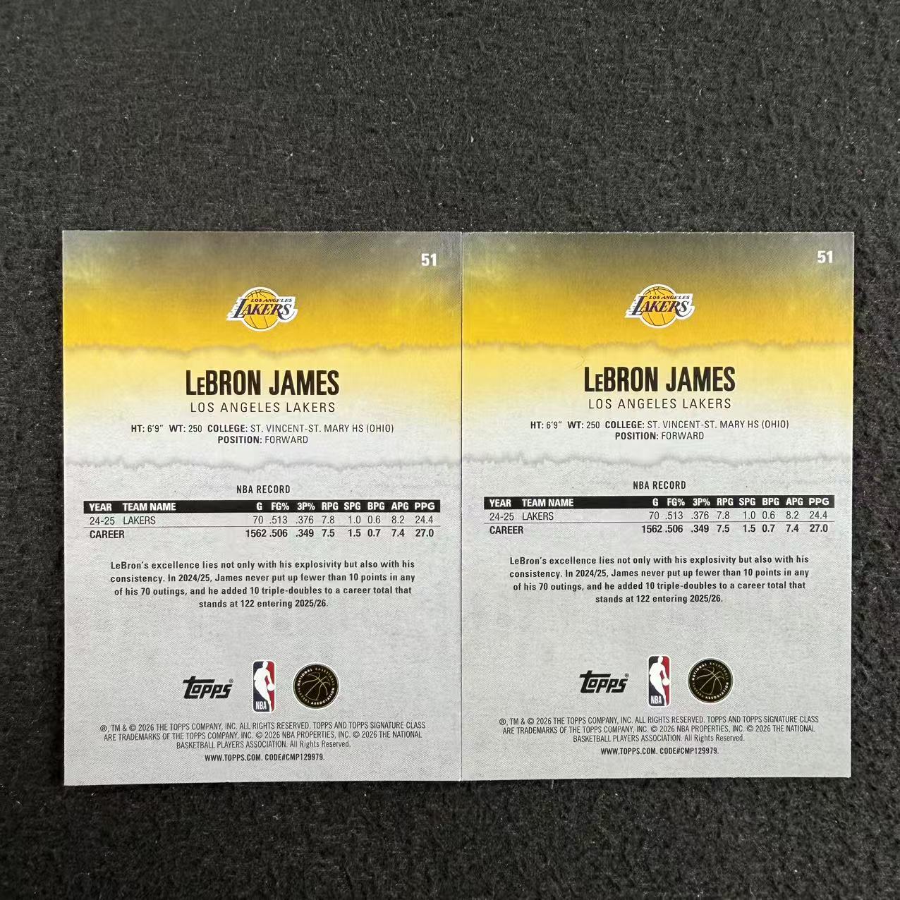 【阿福拍卖】2026 Topps Signature Class LeBron James 勒布朗 詹姆斯 湖人 首轮选秀 特卡 base 两张lot 不保卡品 收藏必备(CMY)