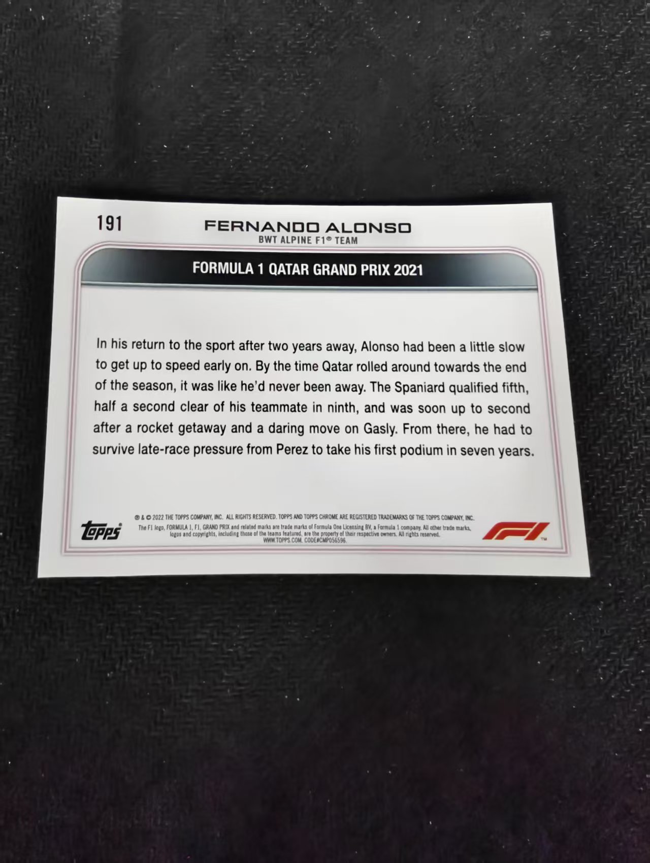 2022 Topps F1 Chrome Fernando Alonso 阿隆索 头哥 阿斯顿马丁 划痕 边角瑕疵 #191