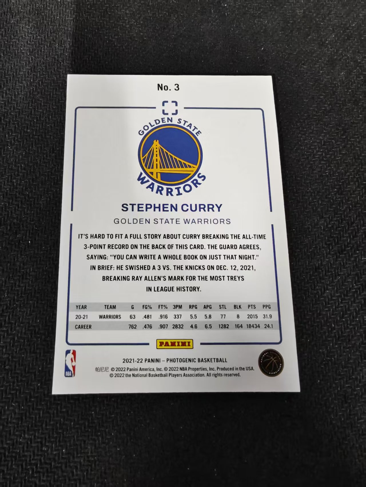 2021-22 PANINI PHOTOGENIC STEPHEN CURRY 元年上镜 勇士 斯蒂芬 库里 三分王 瑕疵如图
