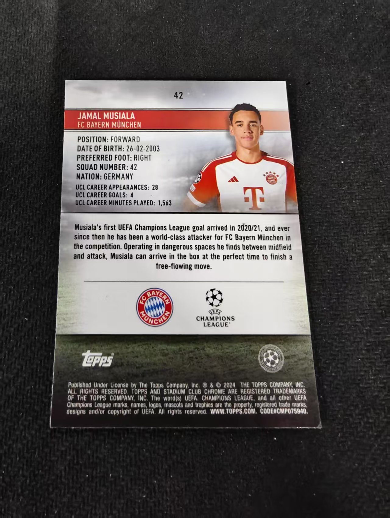 【可合并,不累计】2024 Topps Chrome Jamal Musiala 竞技场 穆西亚拉 穆夏拉 拜仁慕尼黑 欧冠 不保卡品 介意勿拍 #42