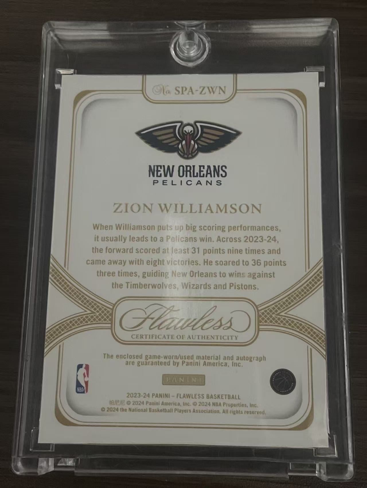 2023-24 Panini Flawless Zion Williamson 锡安·威廉姆斯 威廉姆森 鹈鹕 胖虎 手提 15编 红评选 patch 球衣 物料 签字 卡签 值得收藏(猴子卡社)