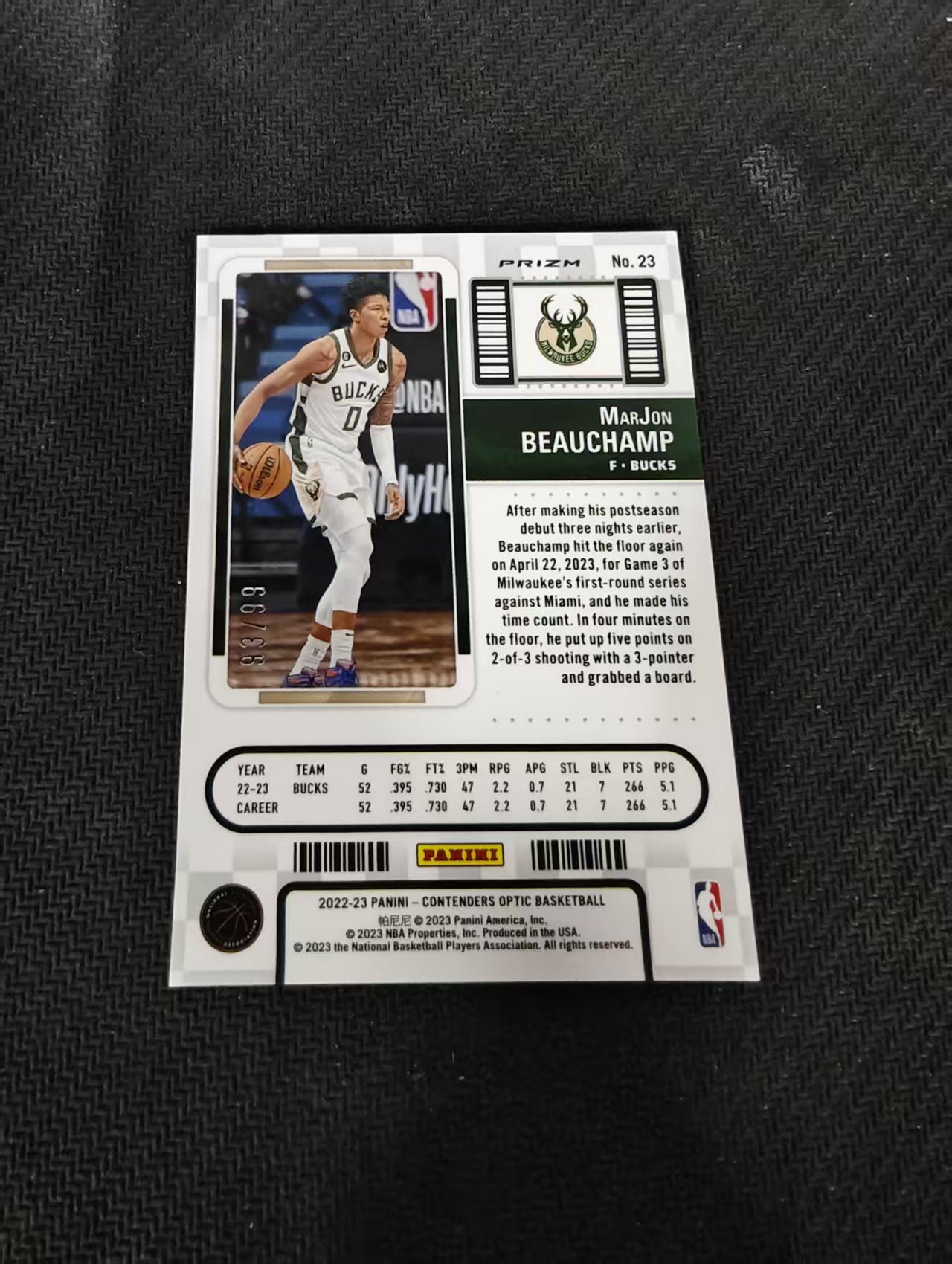 【汽水拍卖】2022-23 Panini Contenders Optic MarJon Beauchamp 球票OP 雄鹿 新秀RC 马乔恩比彻姆 博尚 蓝折 99编