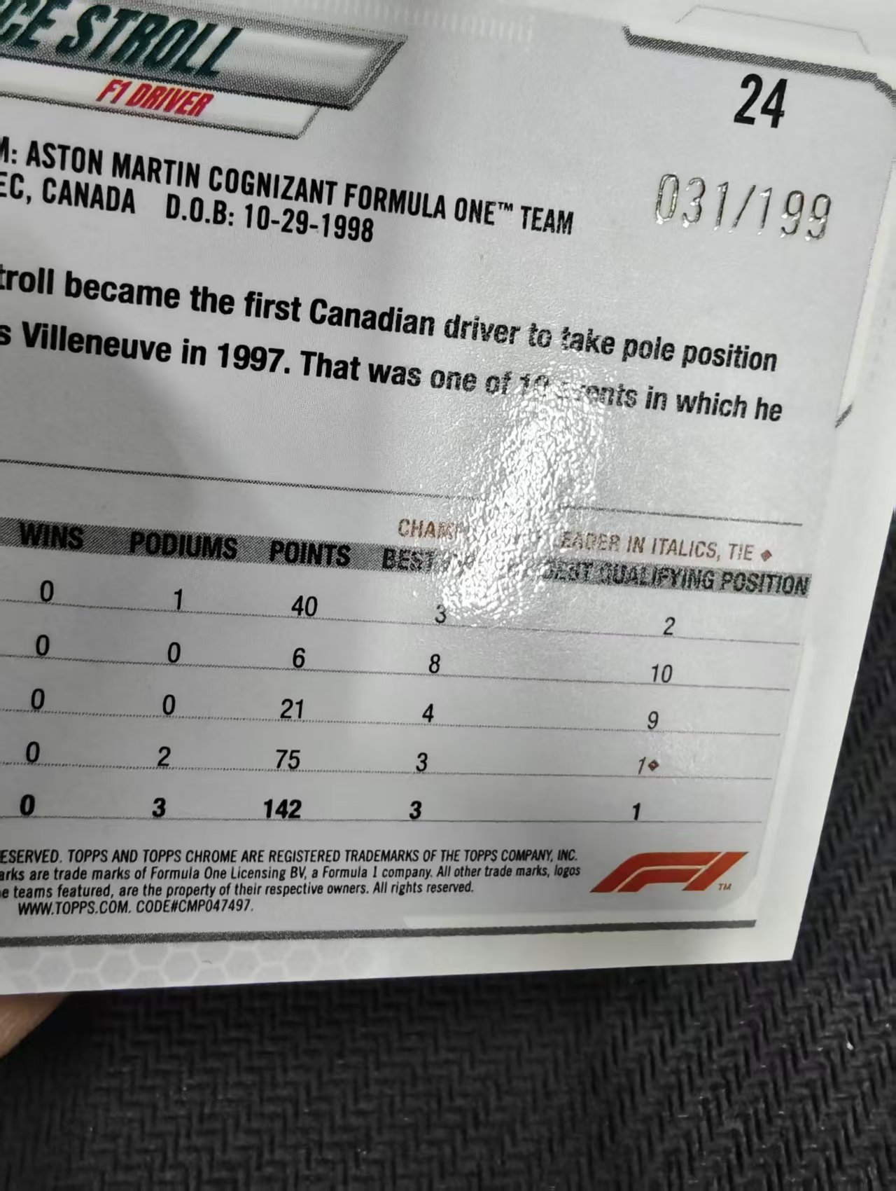 【汽水拍卖】2021 Topps Chrome F1 Lance Stroll 兰斯 斯托尔 阿斯顿马丁车队 棋盘折 格子折 199编 瑕疵如图