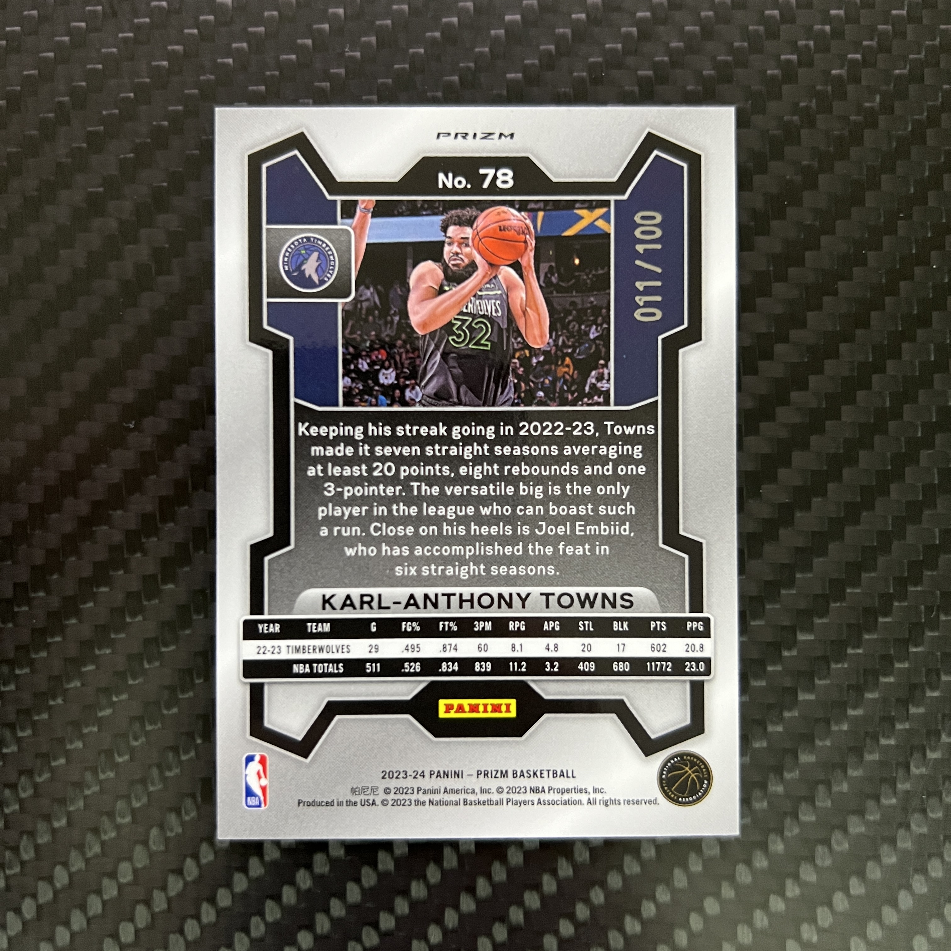 2023-24 Panini Prizm Karl Anthony Towns 【杰克森拍卖】卡尔 安东尼 唐斯 森林狼 100编 红泡泡折 正反面都有瑕疵 介意勿拍 小孩哥