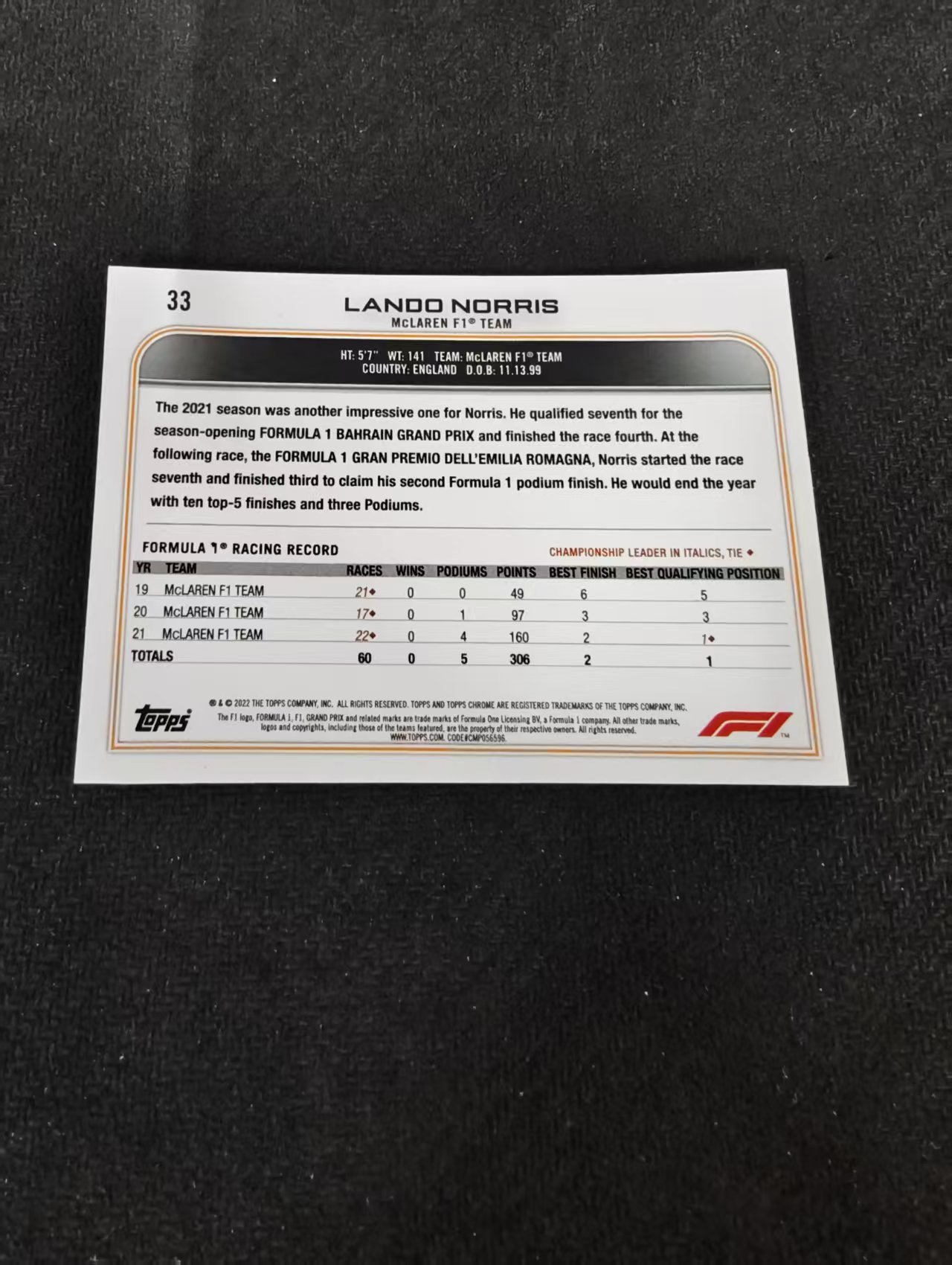 2022 Topps Chrome F1 Lando Norris 兰多 诺里斯 迈凯伦车队 划痕 边角瑕疵 #33