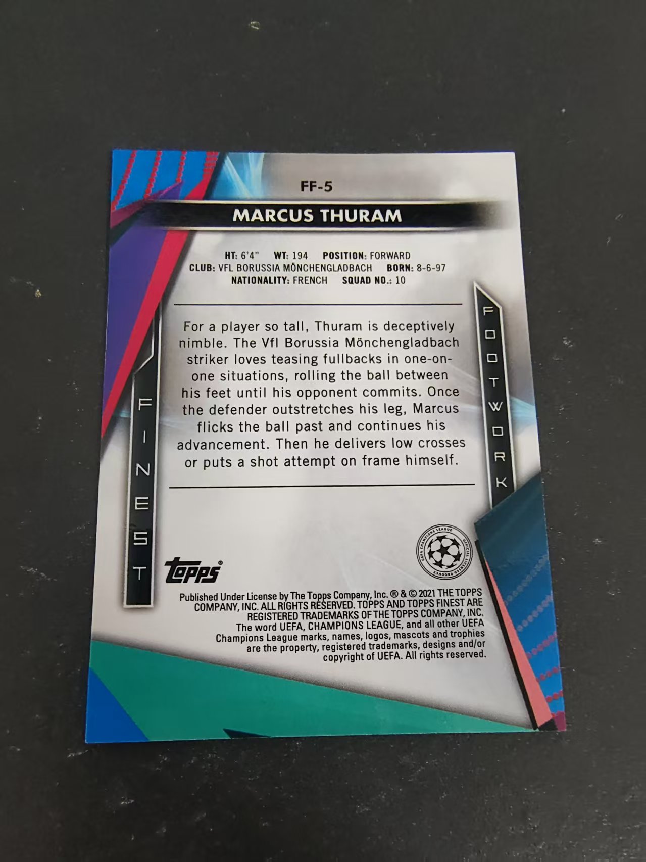 【可合并,不累计】2021 Topps Finest Marcus Thuram 国际米兰 门兴格拉德巴赫 小图拉姆 欧冠 银折 特卡 #5