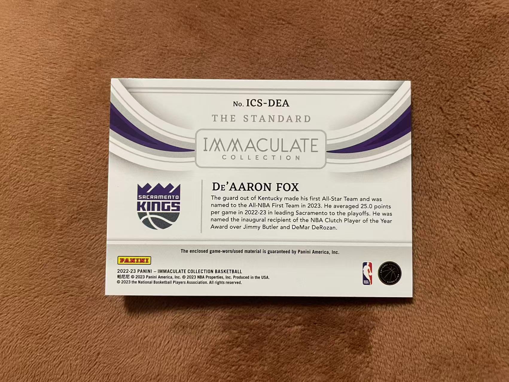 2022-23 Panini Immaculate De'Aaron Fox 爱咪咪imm 国王 达隆 达龙 福克斯 狐狸 The Standard 大窗GU球衣 落场切割 patch 99编【z】