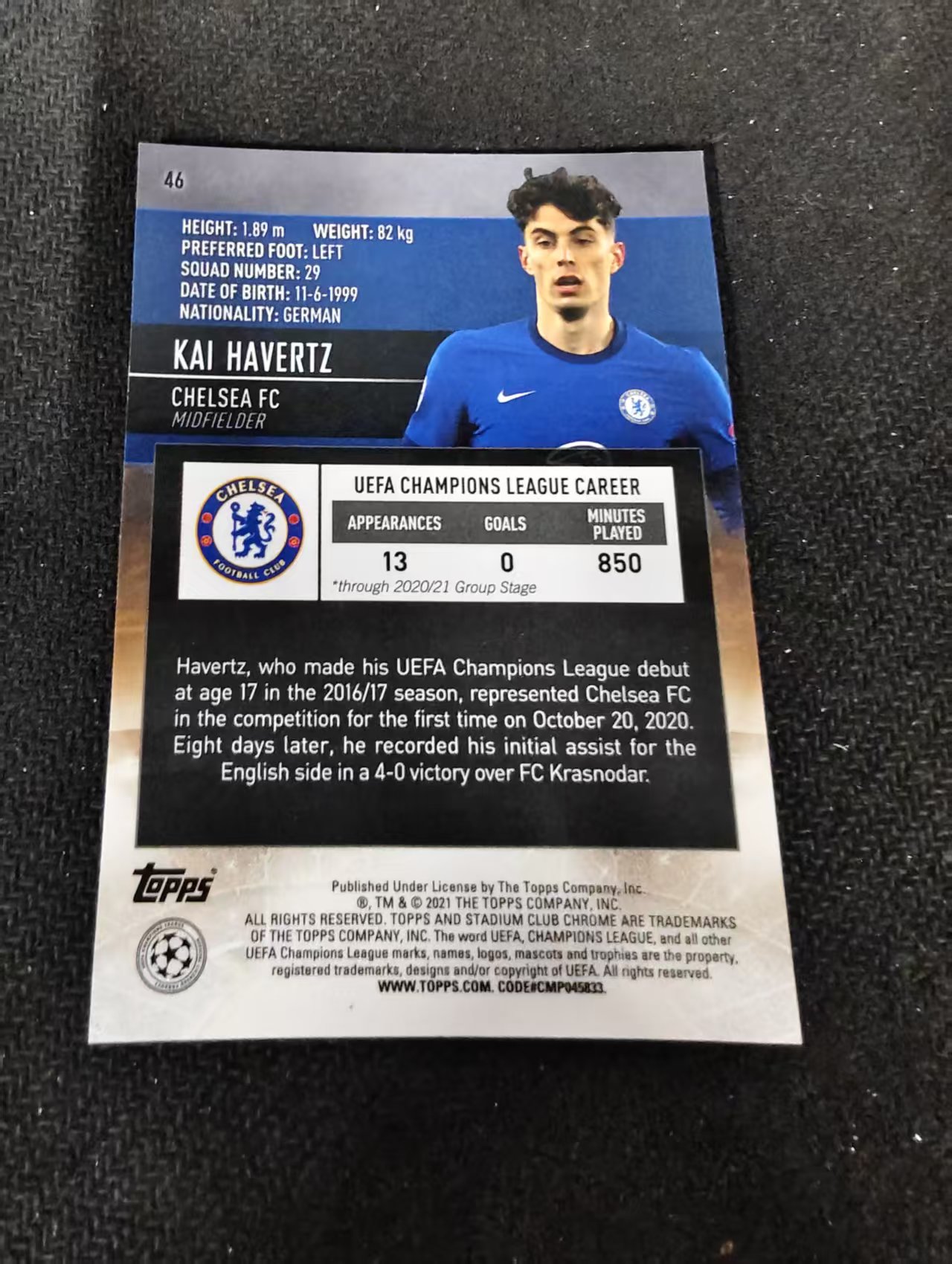 【可合并,不累计】2021 Topps Stadium Club Chrome Kai Havertz 切尔西 哈弗茨 竞技场 欧冠 划痕 边角瑕疵 #46