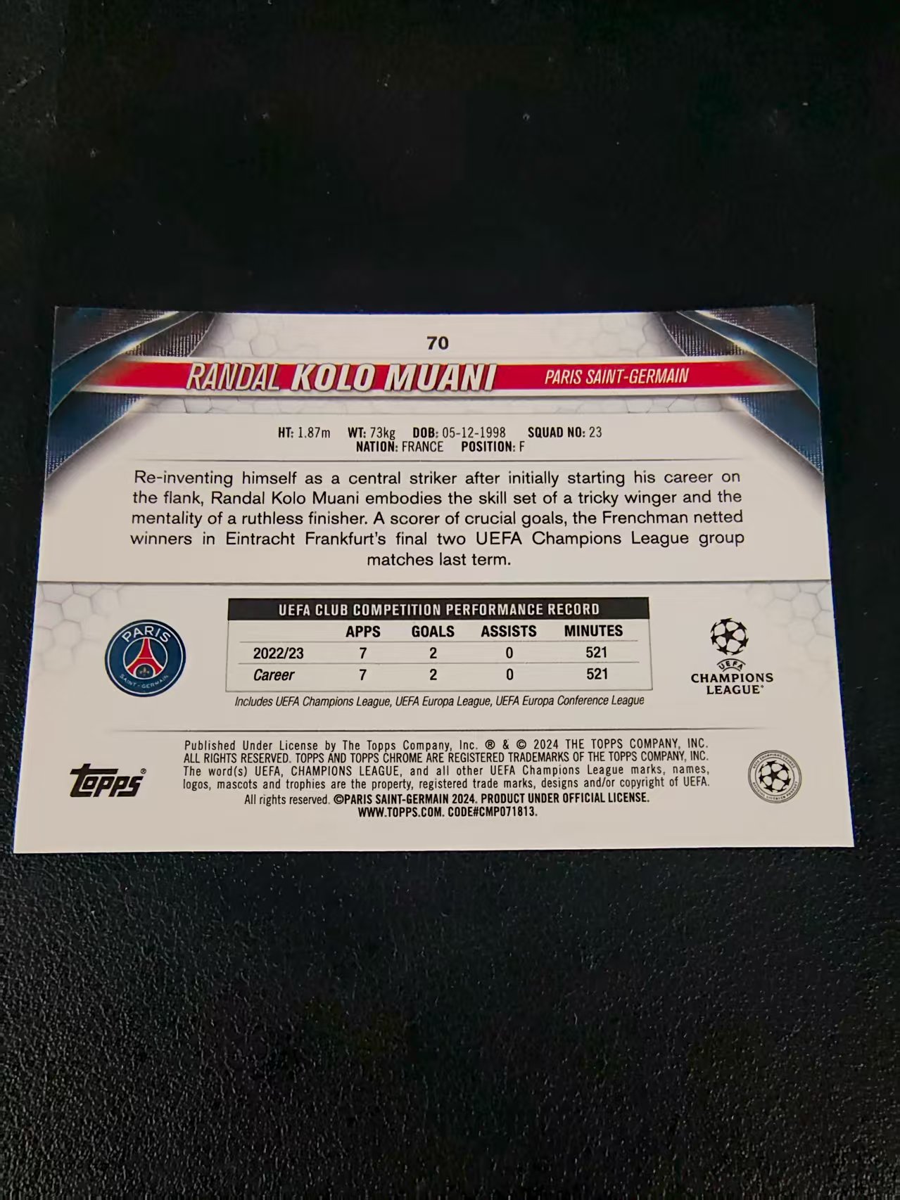 【可合并,不累计】2024 Topps Chrome Randal Kolo Muani 穆阿尼 大巴黎 欧冠 划痕 边角瑕疵 #70