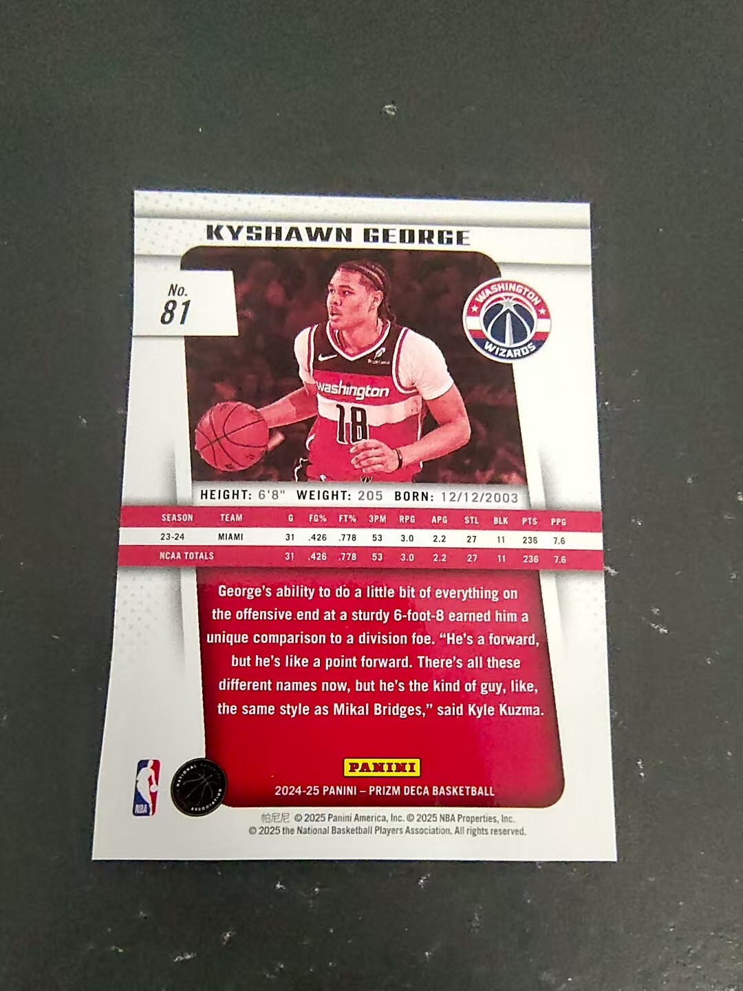 【可合并,不累计】2024-25 Panini Prizm Kyshawn George RC Deca 凯肖恩 乔治 新秀 PZ复刻 划痕 边角瑕疵 #81