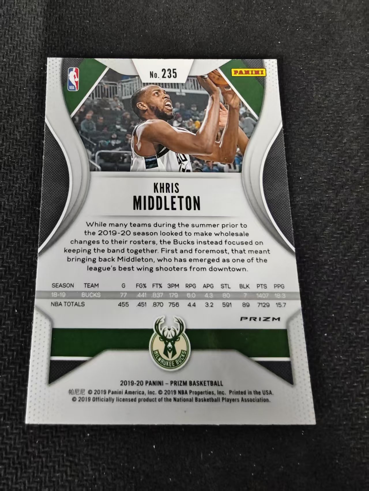2019-20 Panini Prizm Khris Middleton 雄鹿 克里斯 米德尔顿 红碎冰 PZ 划痕 边角瑕疵 #235