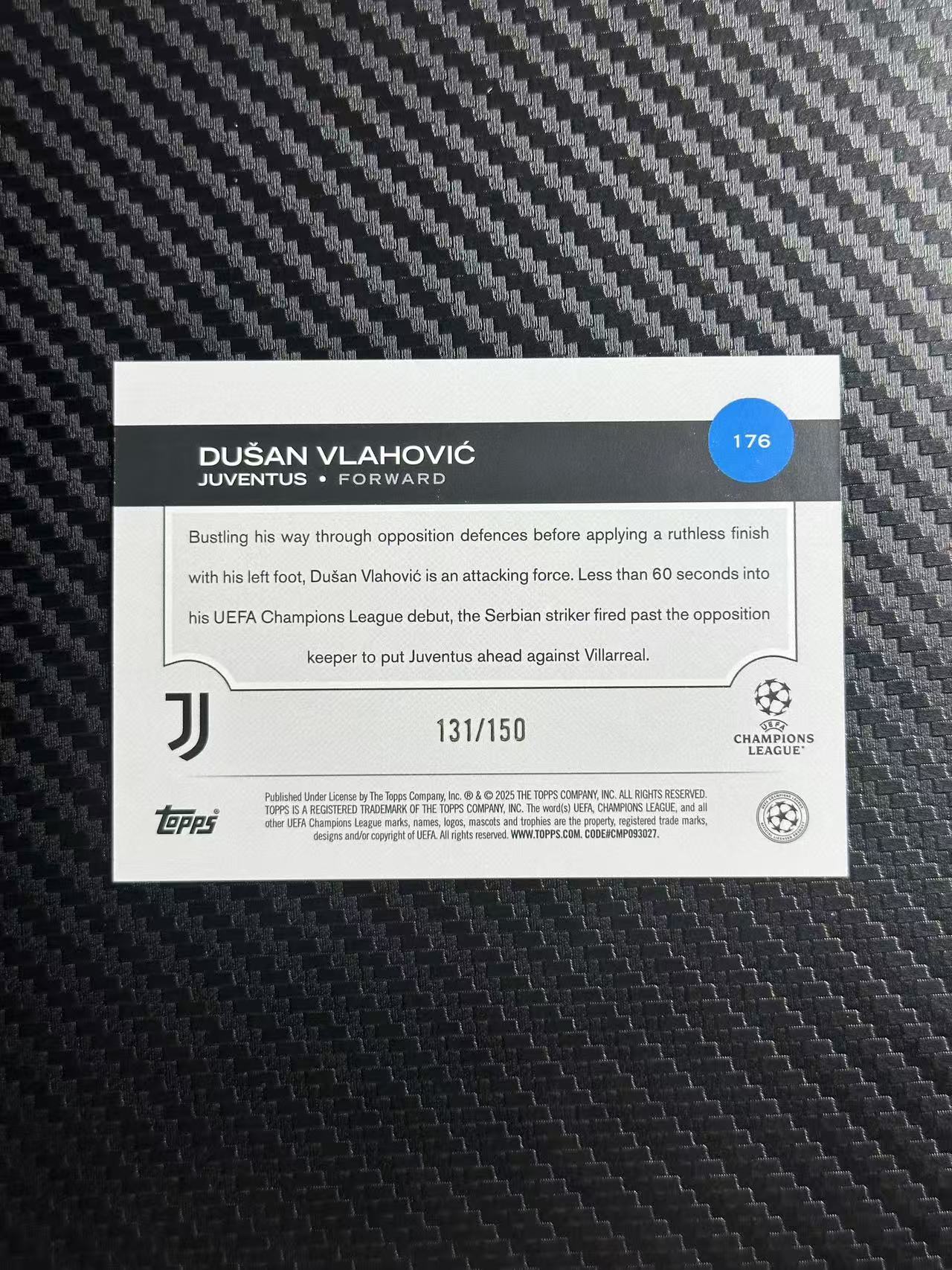 2024 Topps UCC dusan vlahovic 欧战 杜桑 弗拉霍维奇 尤文图斯 黑白碎冰折 131/150编 卡品如图 拍前看描述