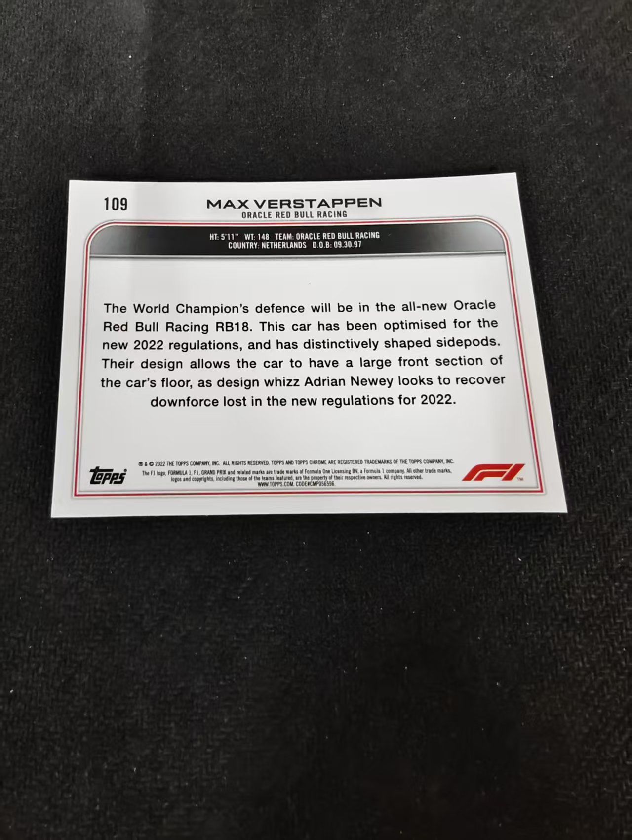 2022 Topps Chrome F1 Max Verstappen 维斯塔潘 红牛 划痕 边角瑕疵 #109