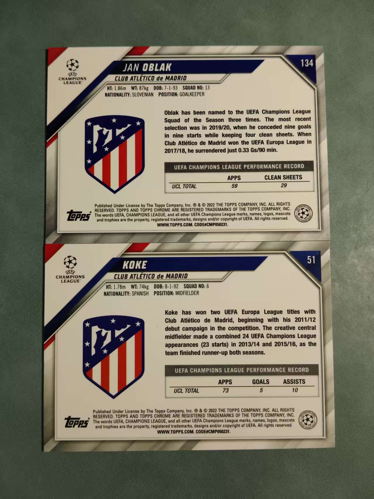 2022 Topps Chrome Koke 科克 奥布拉克 金球折 蓝熔岩 折射 LOT 欧冠 西甲 马德里竞技 卡品如图(V)