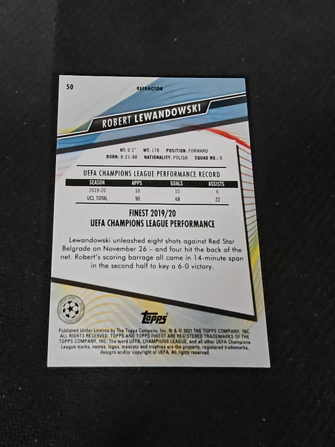 【可合并,不累计】2021 Topps Finest Robert Lewandowski 拜仁 莱万多夫斯基 欧冠 银折 划痕 边角瑕疵 #50