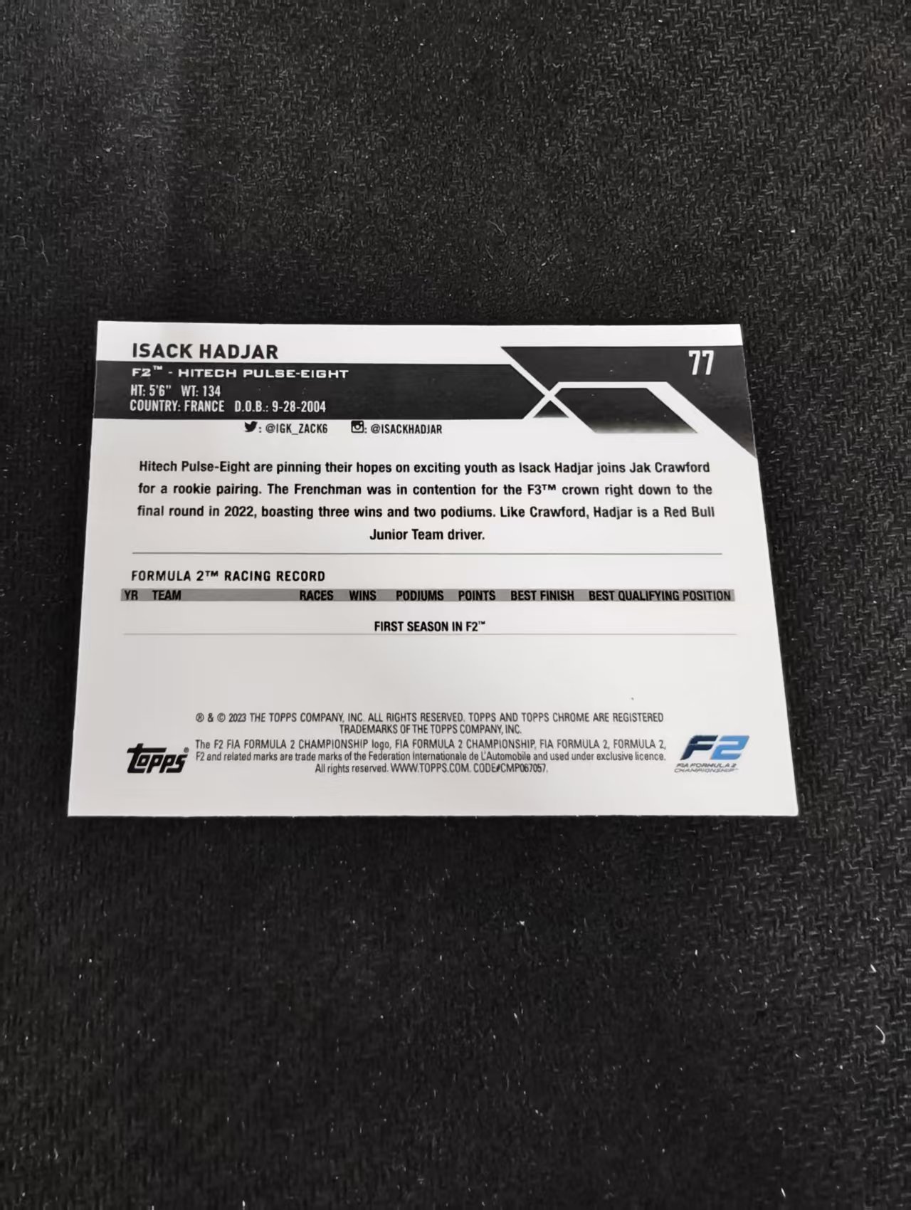 2023 Topps Chrome Isack Hadjar 伊萨克 哈贾尔 F2 F1 划痕 边角瑕疵 #77