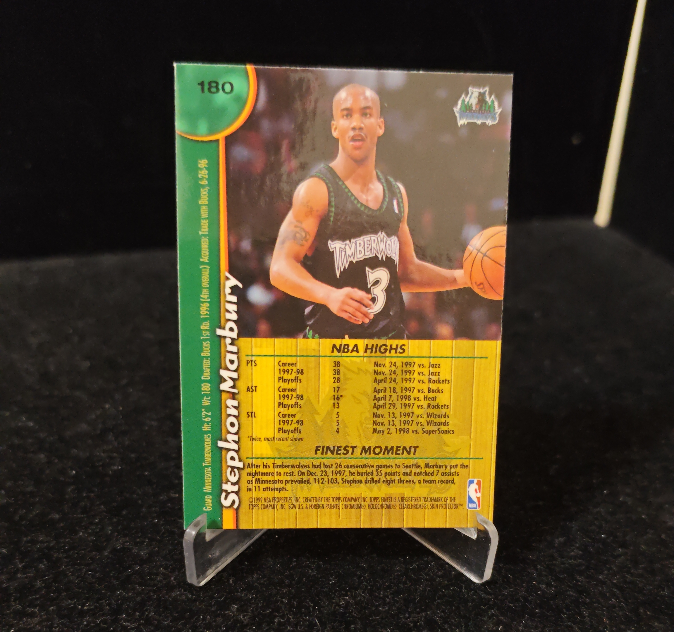 1999 Topps Finest Stephon Marbury #180 独狼 斯蒂芬马布里 明尼苏达森林狼 表面覆膜 卡品如图