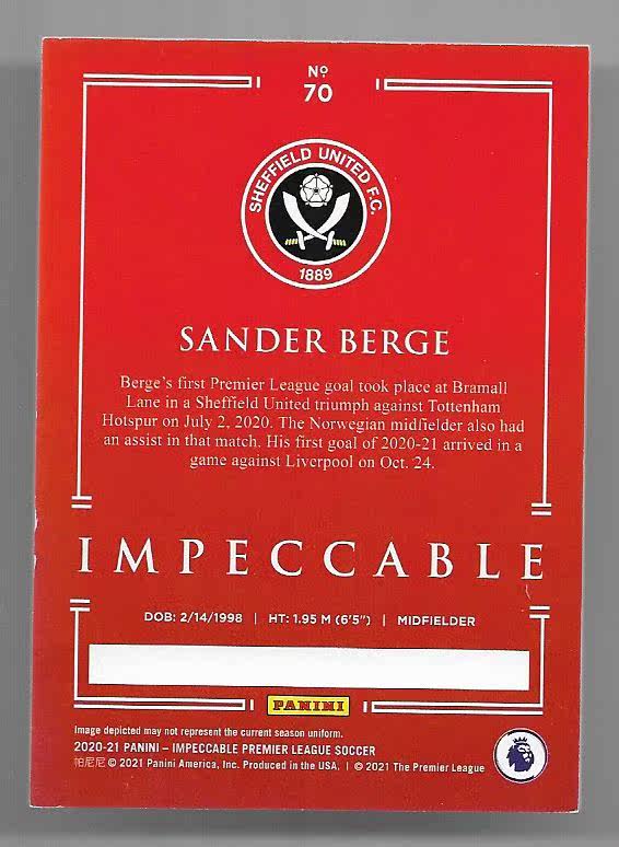 2020-21 Panini Impeccable Sander Berge (鸿英收藏社)2020-21 Panini 英超 小真金 谢菲联 贝格 75编 球星卡 56/75