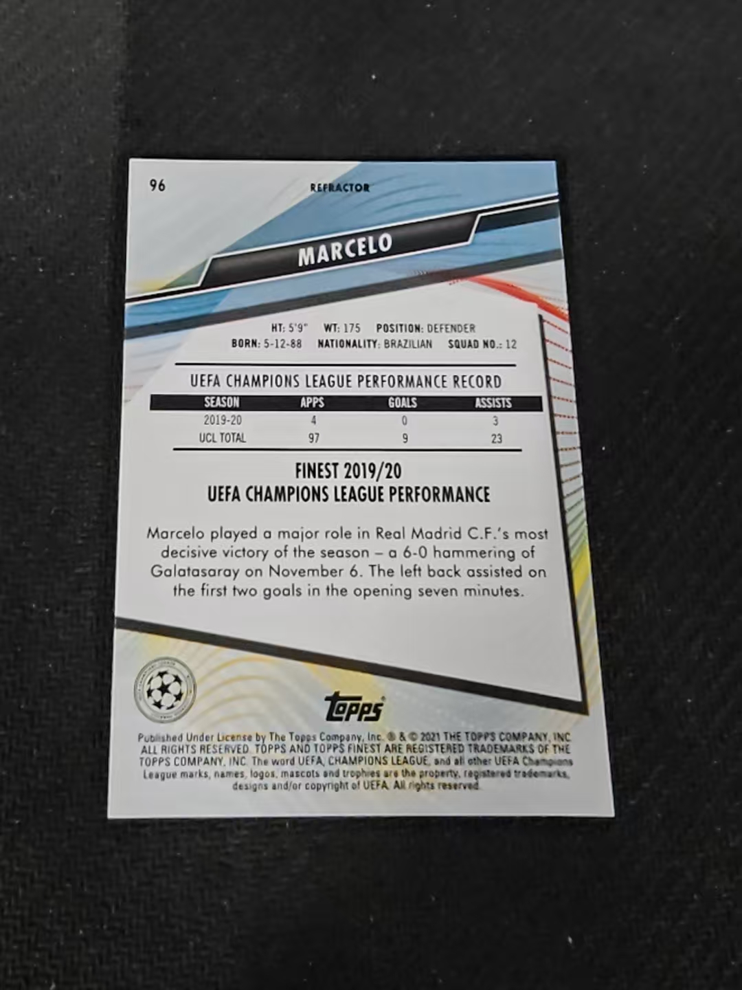 【可合并,不累计】2021 Topps Finest Marcelo 欧冠 马塞洛 皇马 皇家马德里 欧冠 银折 划痕 边角瑕疵 #96