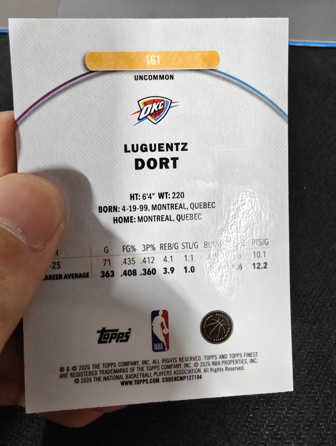 2026 Topps finest Luguentz Dort 吕冈茨 多尔特 雷霆 200编 紫折 二级 瑕疵如图
