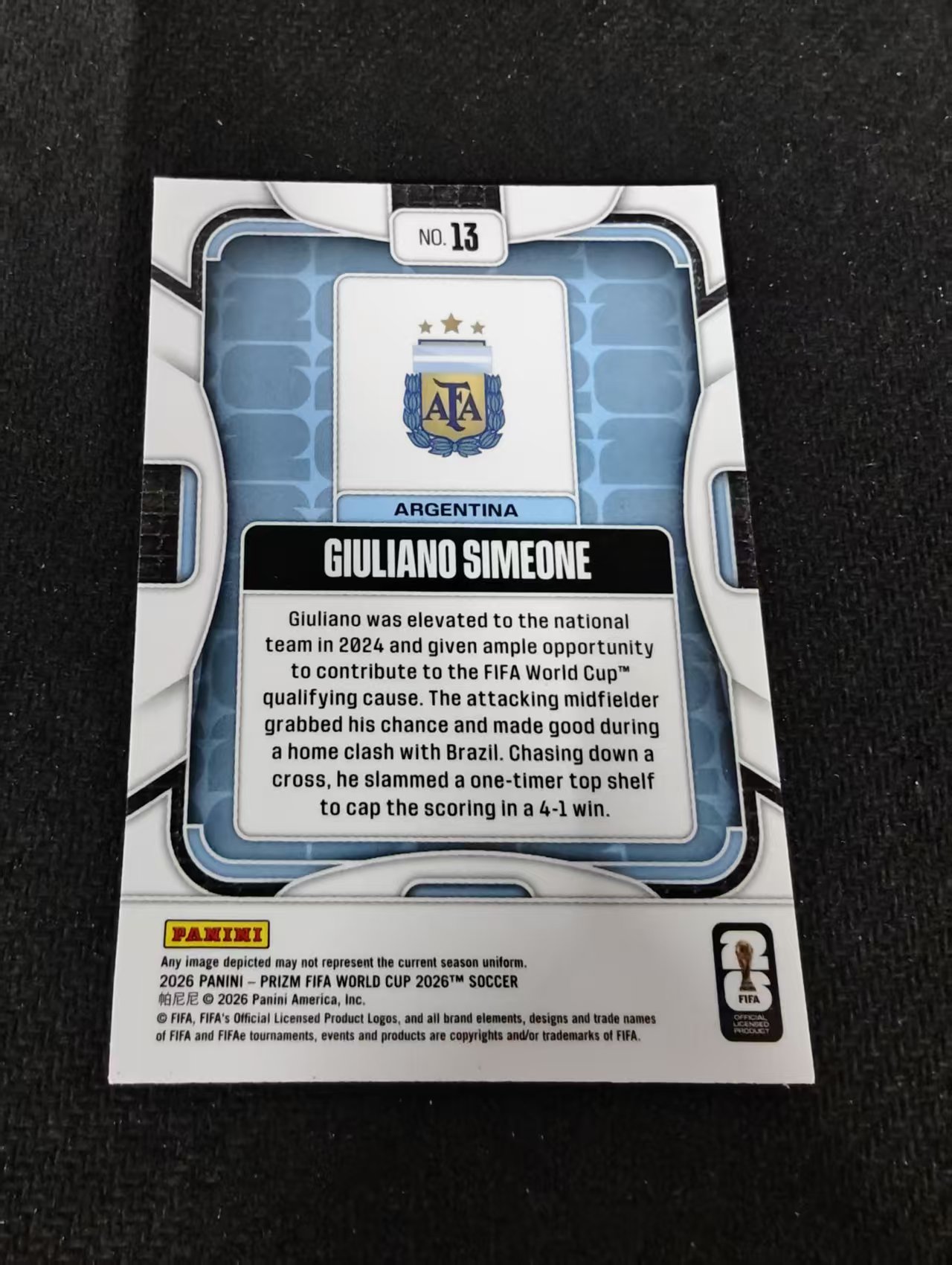 2026 Panini World Cup Prizm Giuliano Simeone 朱利亚诺 西蒙尼 马竞 阿根廷 PZ世界杯 划痕 边角瑕疵#13