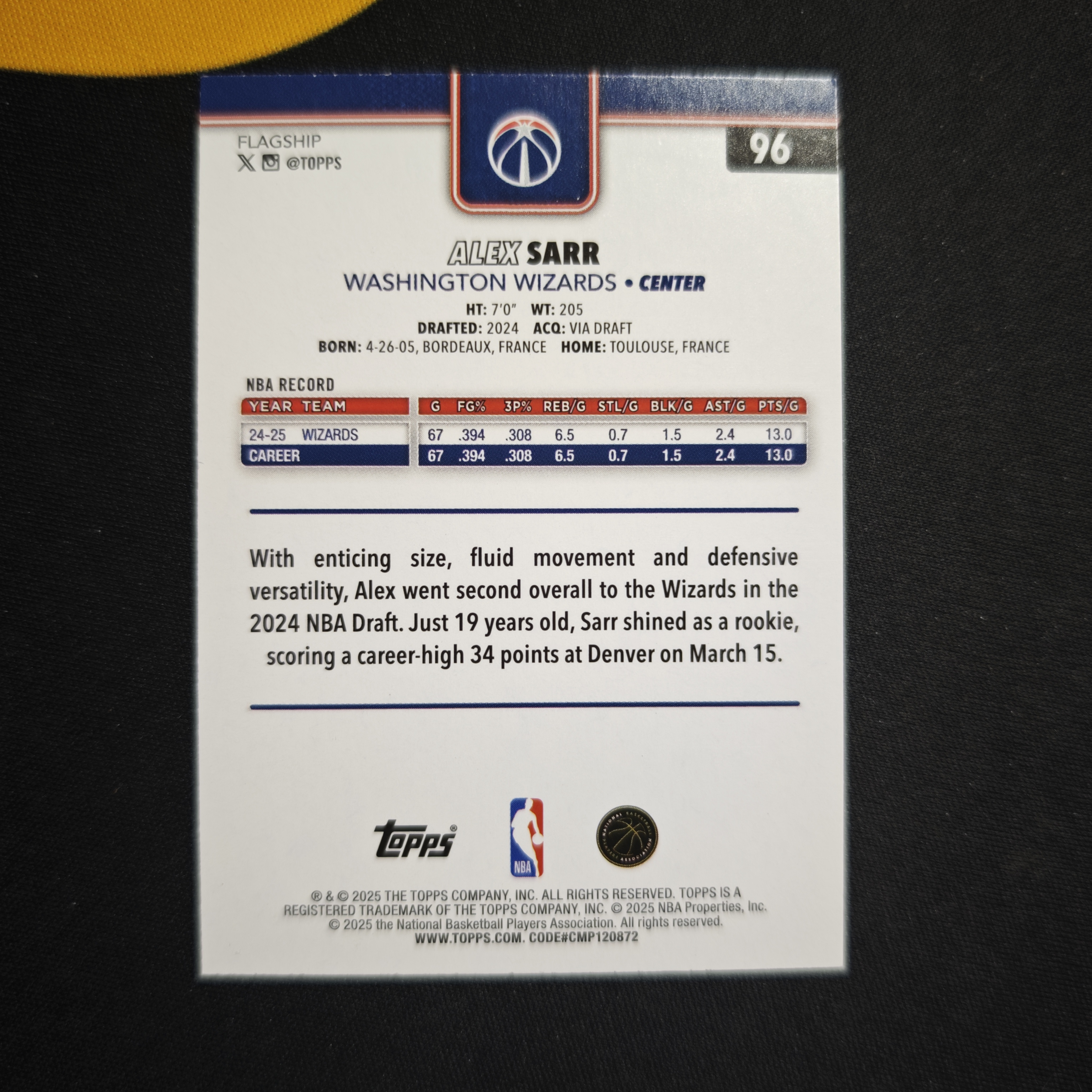 2025-26 Topps flagship Alex Sarr 旗舰系列 萨尔 奇才 68编 黑折 低编 折射 瑕疵如图【倍宗3
