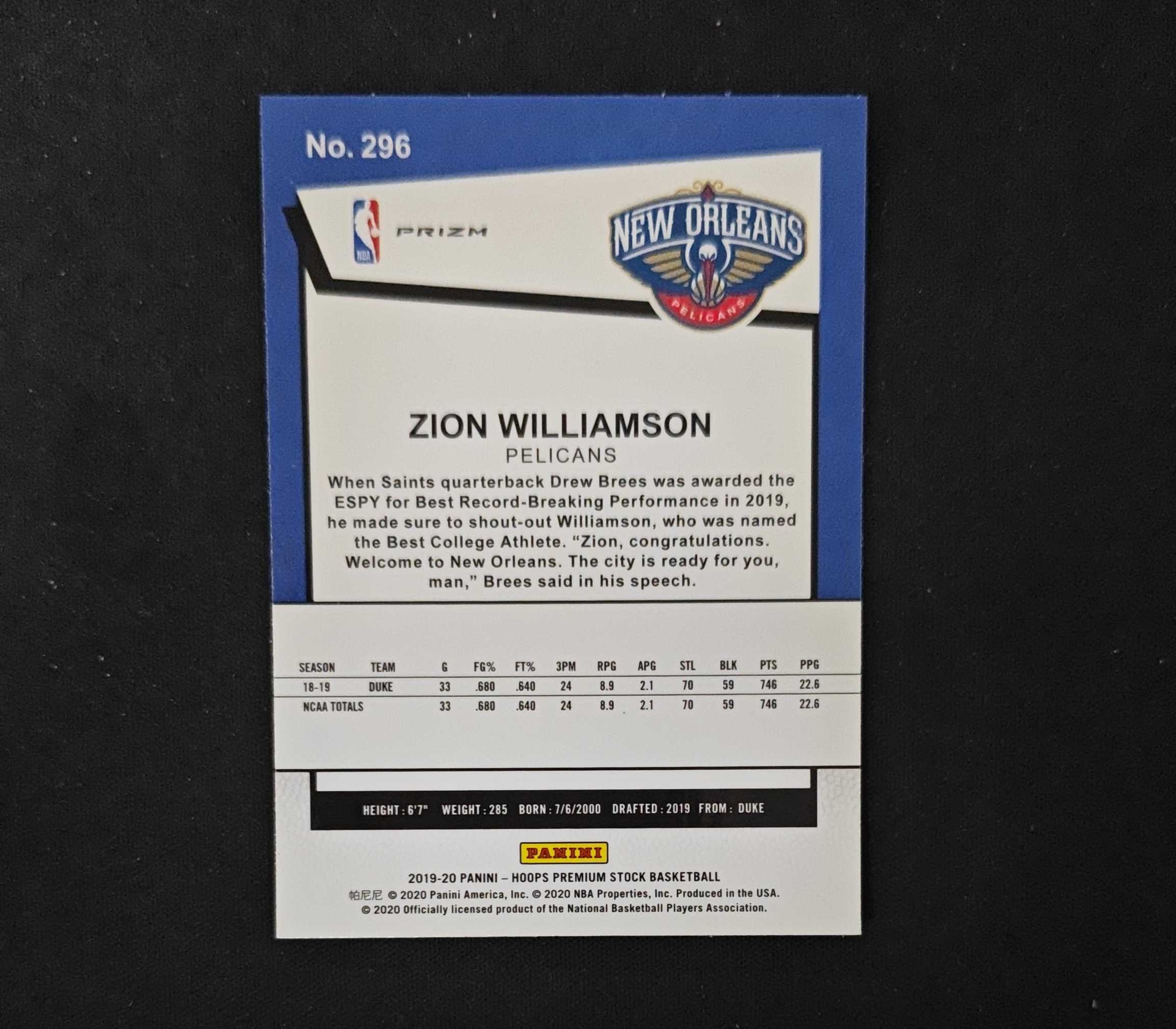 2019-20 Panini Hoops Zion Williamson RC 【SC拍卖】新秀 鹈鹕 锡安威廉姆森 shimmer折 收藏必备(app老板)