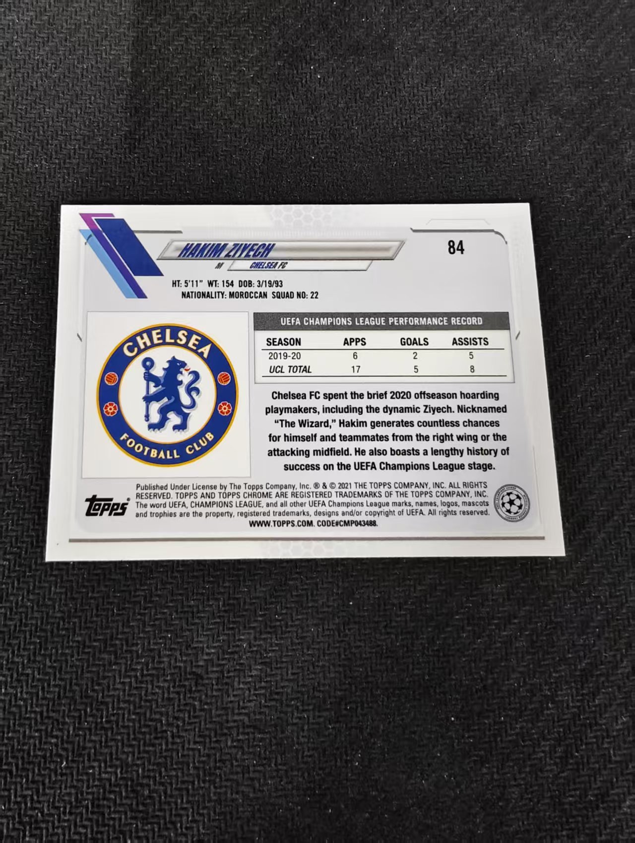 【可合并,不累计】2021 Topps Chrome Hakim Ziyech 欧冠 切尔西 齐耶赫 碎花折 碎点折 划痕 边角瑕疵 #84