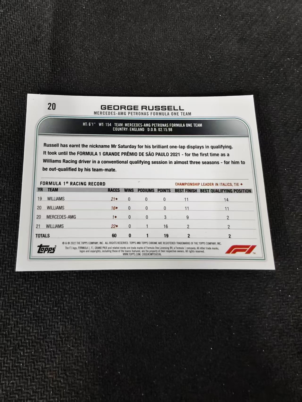 2022 Topps Chrome F1 George Russell 乔治 拉塞尔 梅奔 划痕 边角瑕疵#20