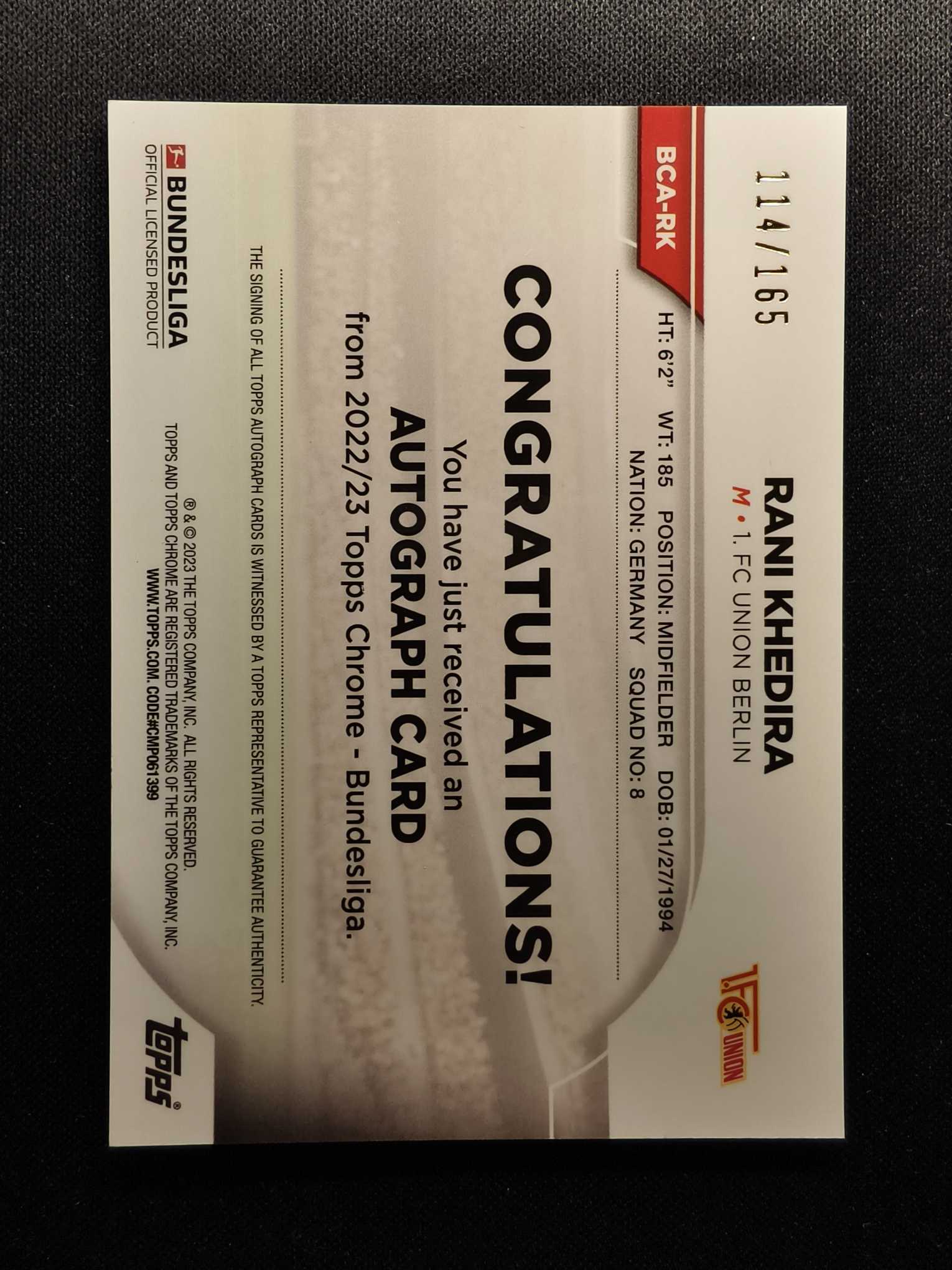 2023 Topps Chrome Rani Khedira 德甲TC 柏林联合 R赫迪拉 签字 165编 脉冲折 龙鳞折 卡品如图 专收凑套 人生得E