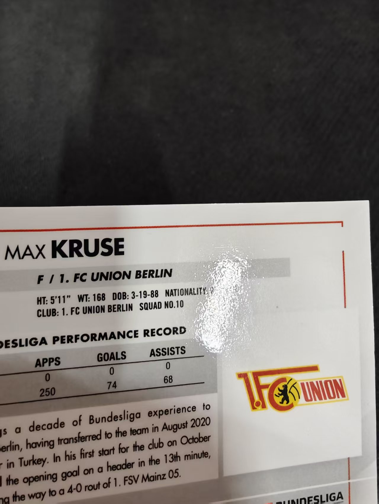 【可合并,不累计】2021 Topps Chrome Max Kruse 德甲TC 柏林联合 马克思 克鲁泽 粉波纹 75编 划痕 边角瑕疵