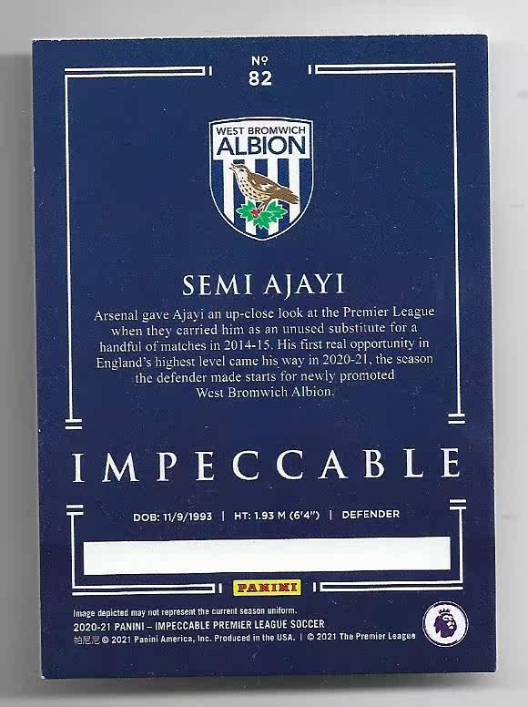 2020-21 Panini Impeccable Semi Ajayi (鸿英收藏社)2020-21 Panini 英超 小真金 西布朗 阿贾伊 25编 球星卡 01/25