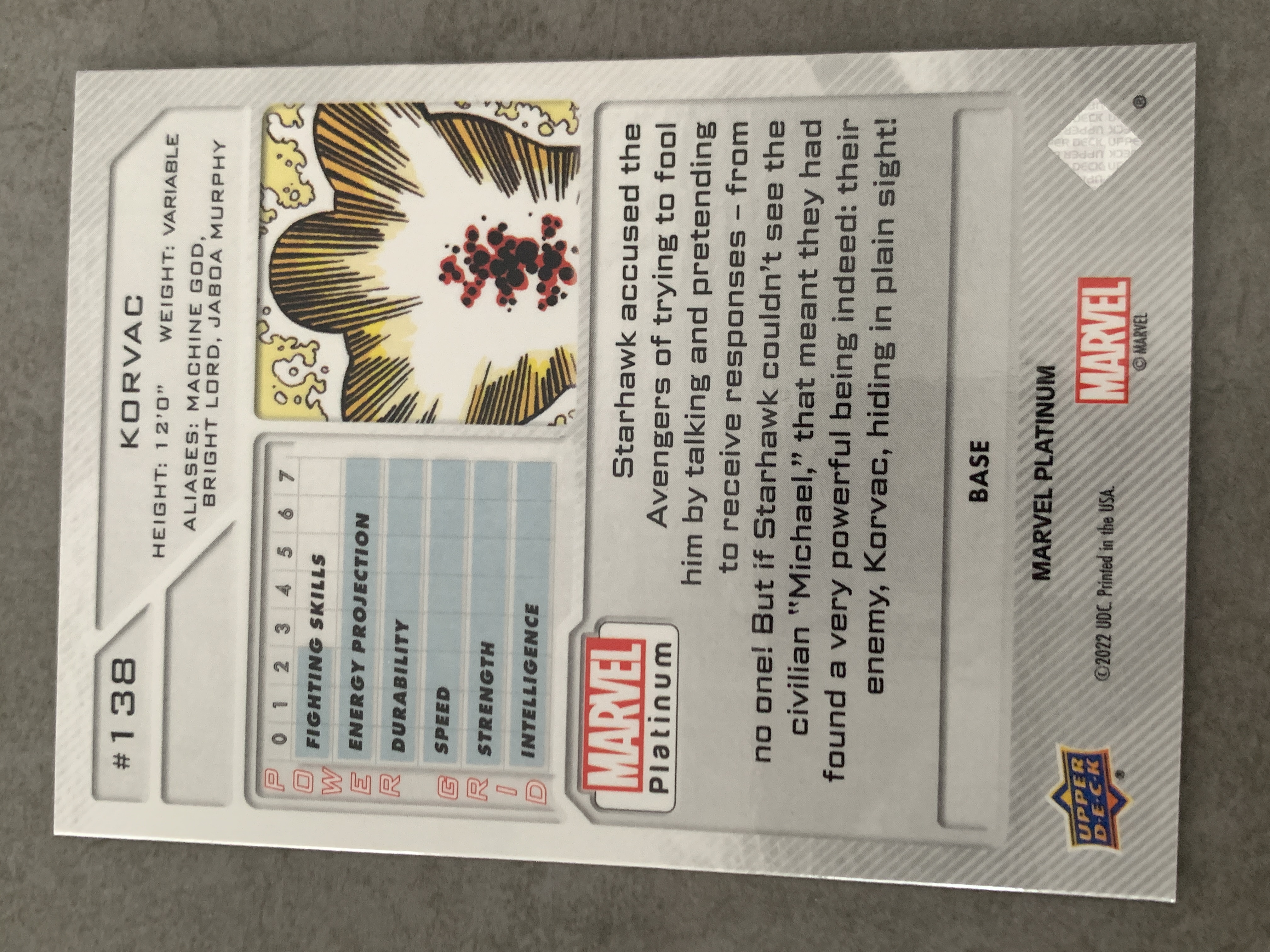 (A9) 2022 UPPER DECK 漫威 BASE 机械神 科尔瓦奇 实卡好看 收藏凑套必备 卡品如图 !!!