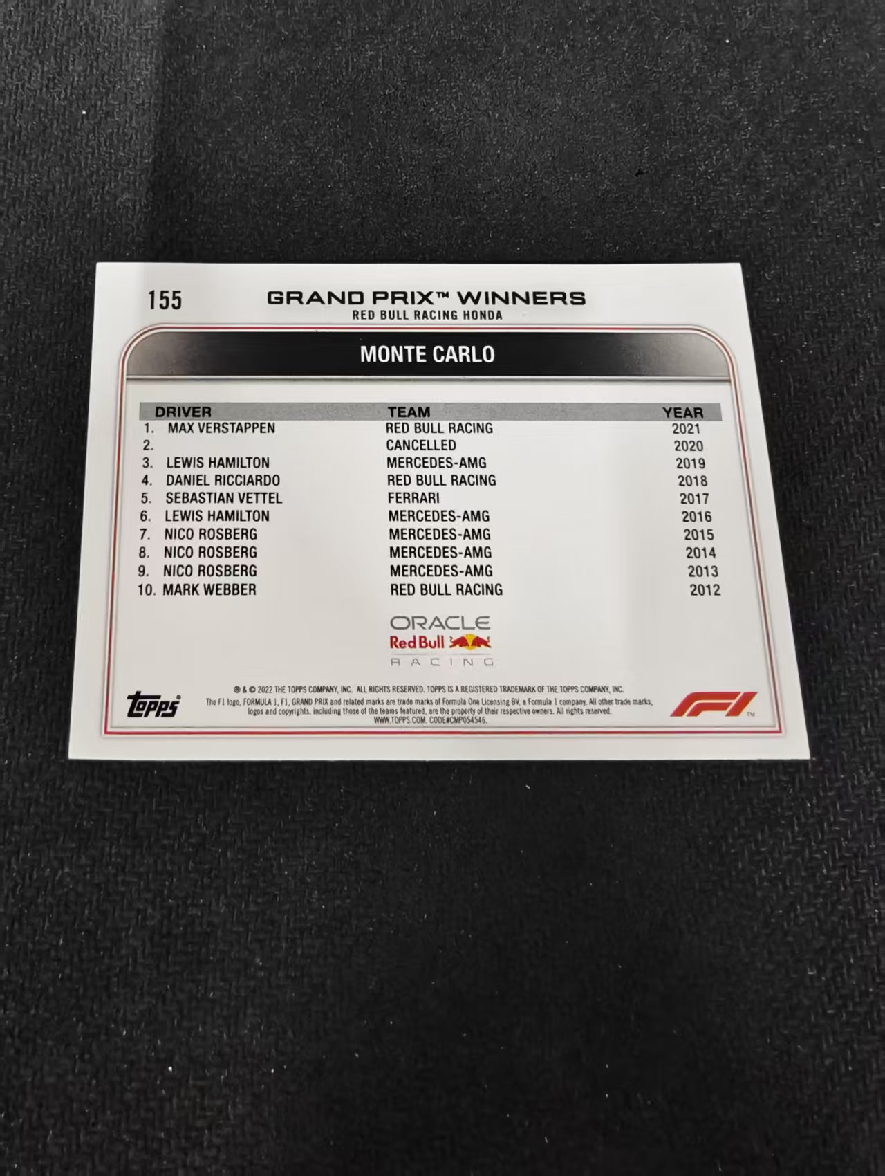 2022 Topps Chrome F1 Max Verstappen 维斯塔潘 红牛 划痕 边角瑕疵 @155