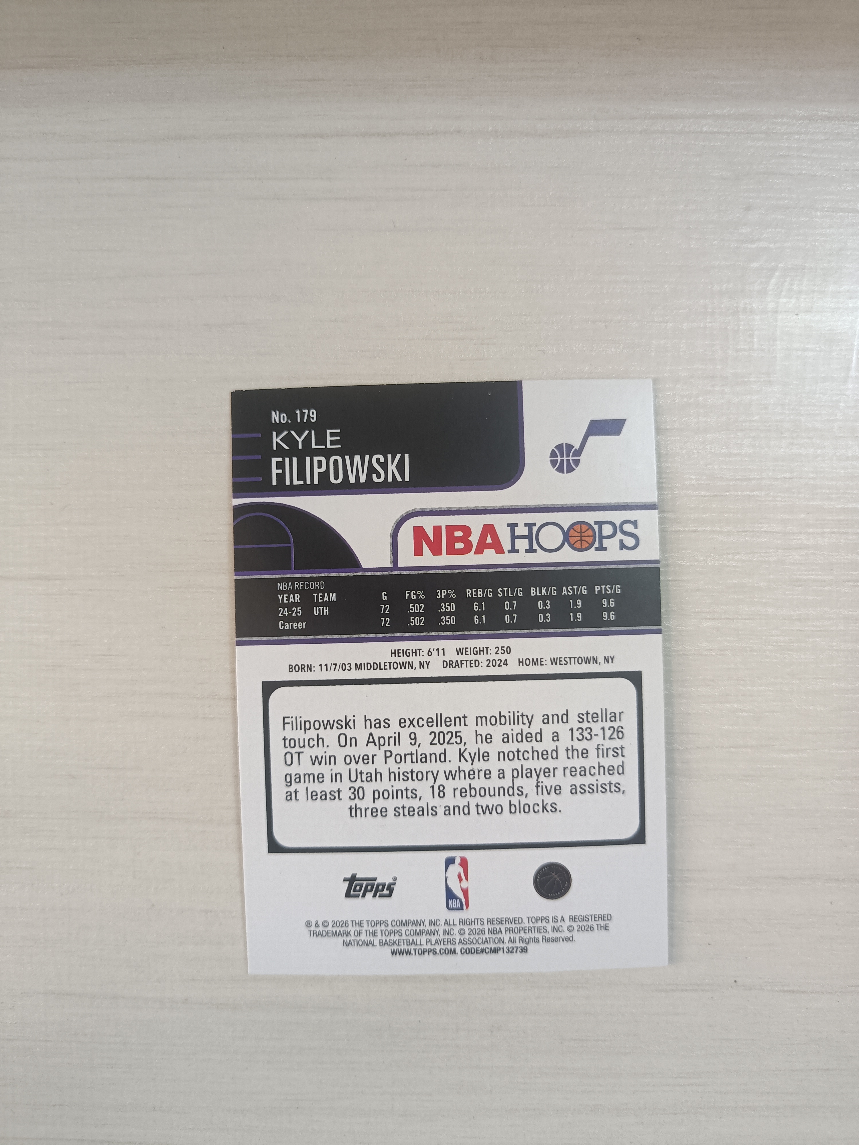 2026 Topps Hoops Kyle Filipowski #179 爵士 菲利波夫斯基 折射 不保卡品{RKO拍卖+回收+抵押}A4