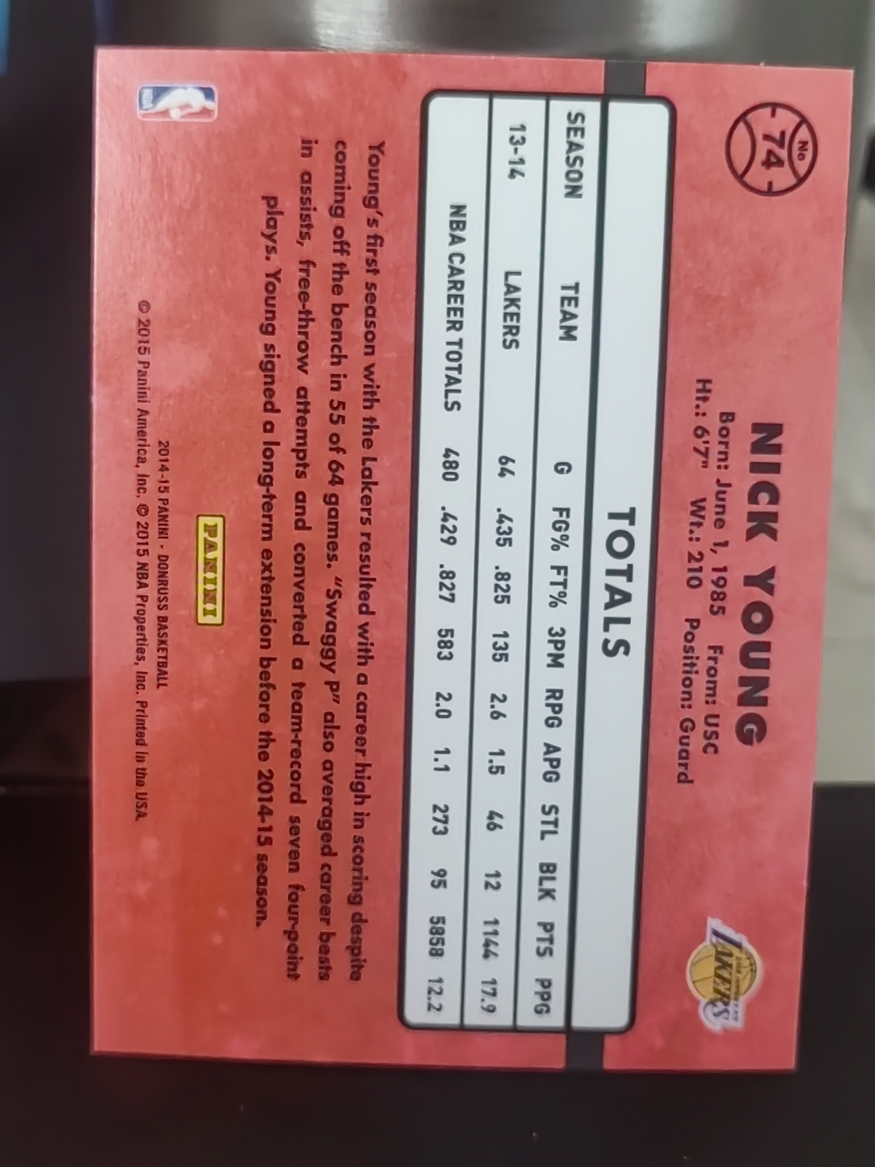 2014-15 Panini Donruss Nick Young 杜蕾斯 尼克杨 湖人 第二张 篮 白边白角 不保卡品 卡品如图