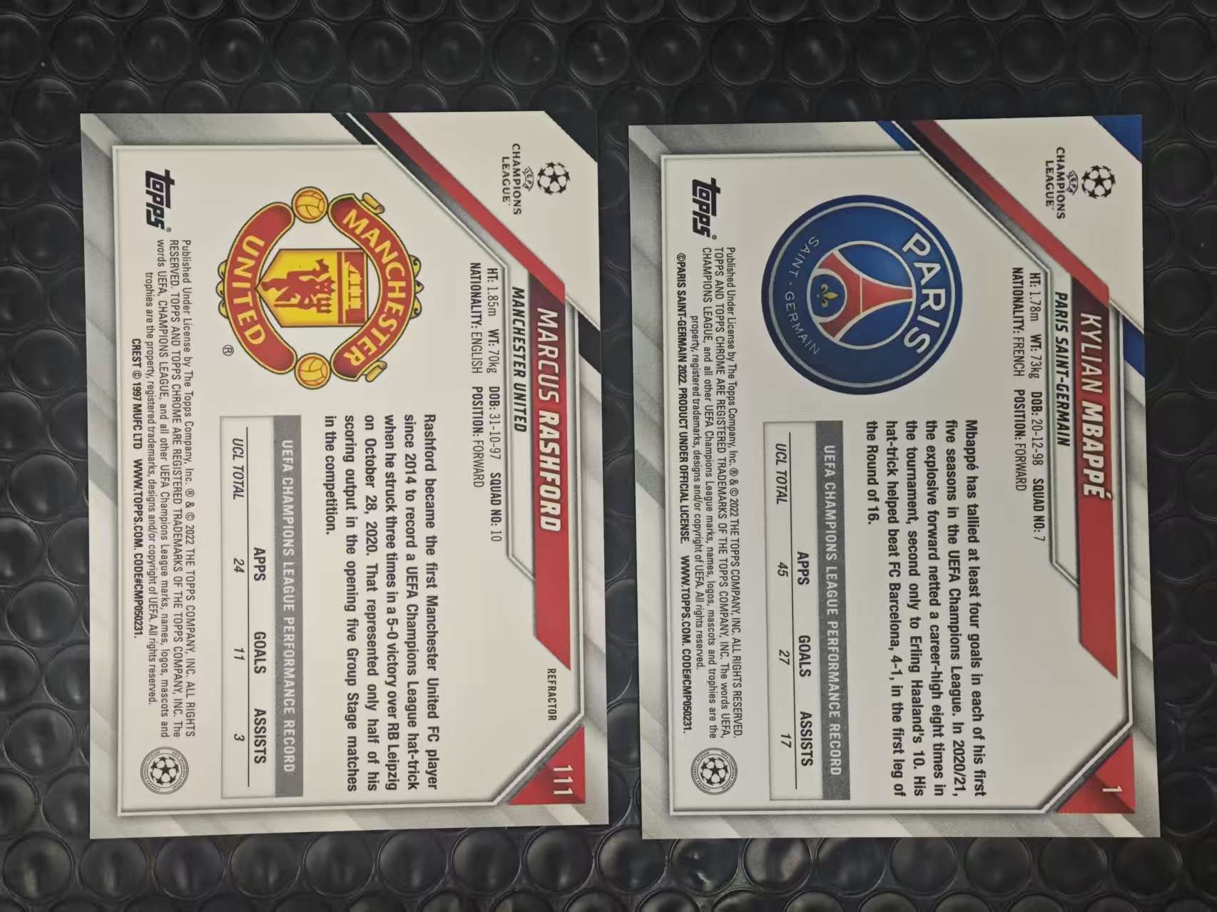 2022 Topps Chrome Kylian Mbappe 欧冠TC 大巴黎 皇马 基利安 姆巴佩 曼联 拉什福德 BOSS 银折 折射 2张打包LOT 卡品如图【原地起飞卡社】MVP11.11