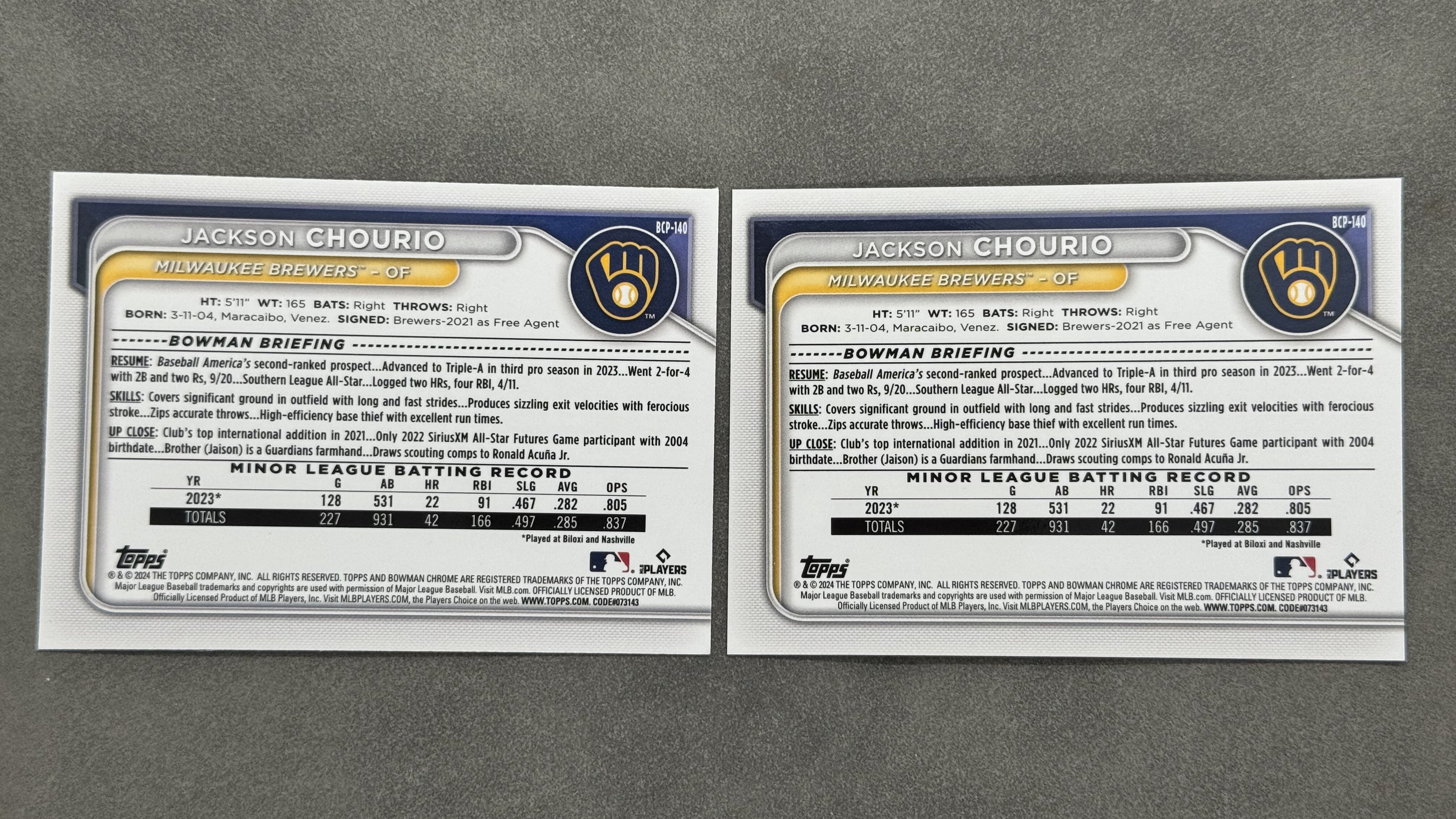 2024 Topps Chrome Jackson Chourio RC 酿酒人队 杰克逊 乔里奥 新秀 蓝宝石 折射 限量/150编 超级新秀 潜力无限 未来可期 实卡好看 凑套收藏必备 一图打包