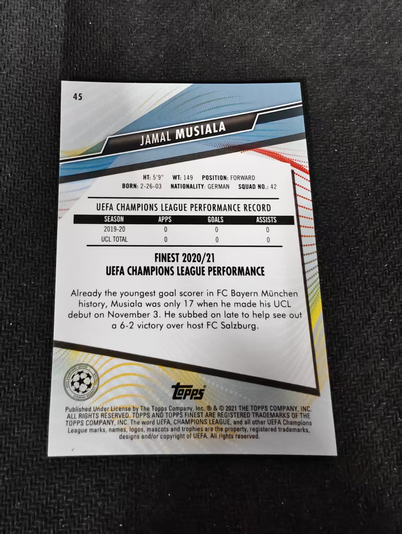 【可合并,不累计】2021 Topps Finest Jamal Musiala RC 欧冠 拜仁慕尼黑 穆夏拉 新秀 划痕 边角瑕疵 #45