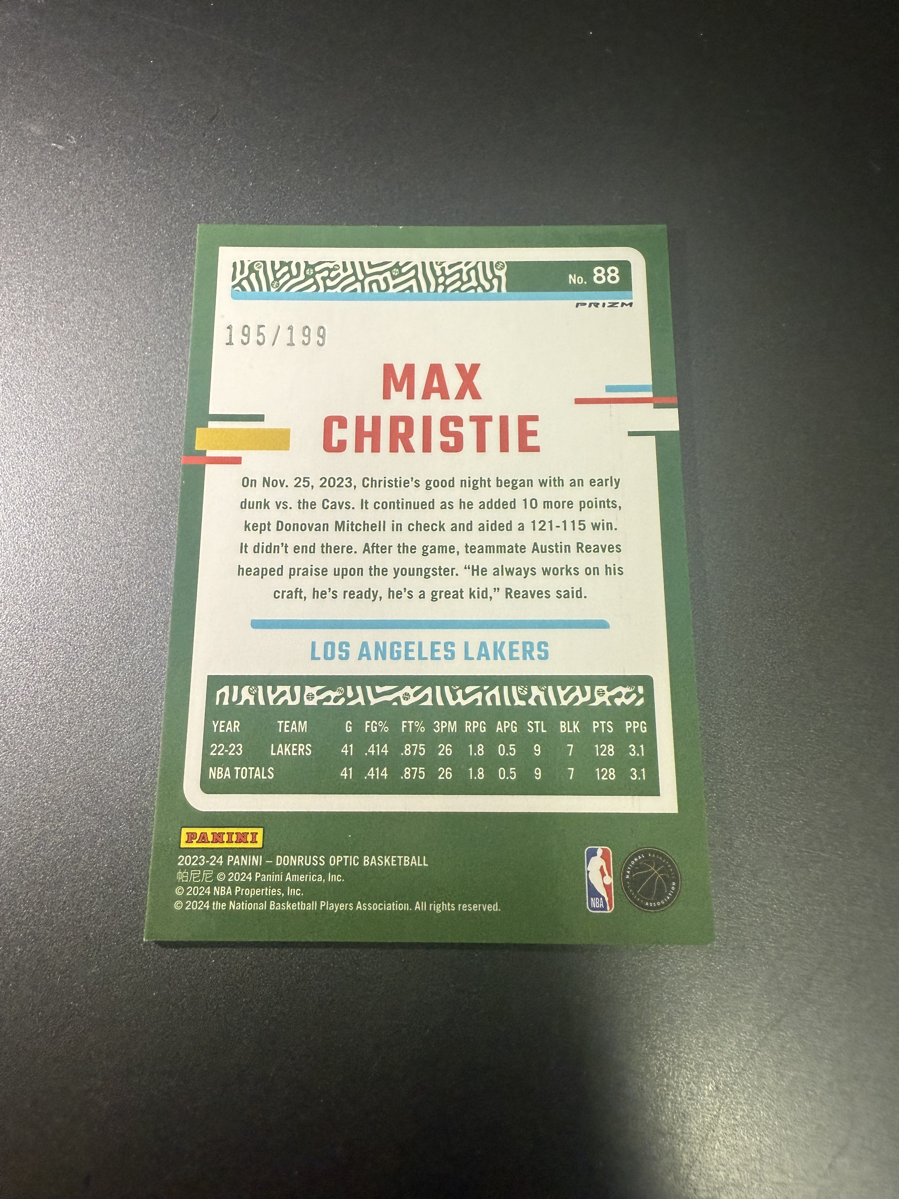 2023-24 Panini Optic Max Christie 克里斯蒂 湖人队 橙折 199编 T