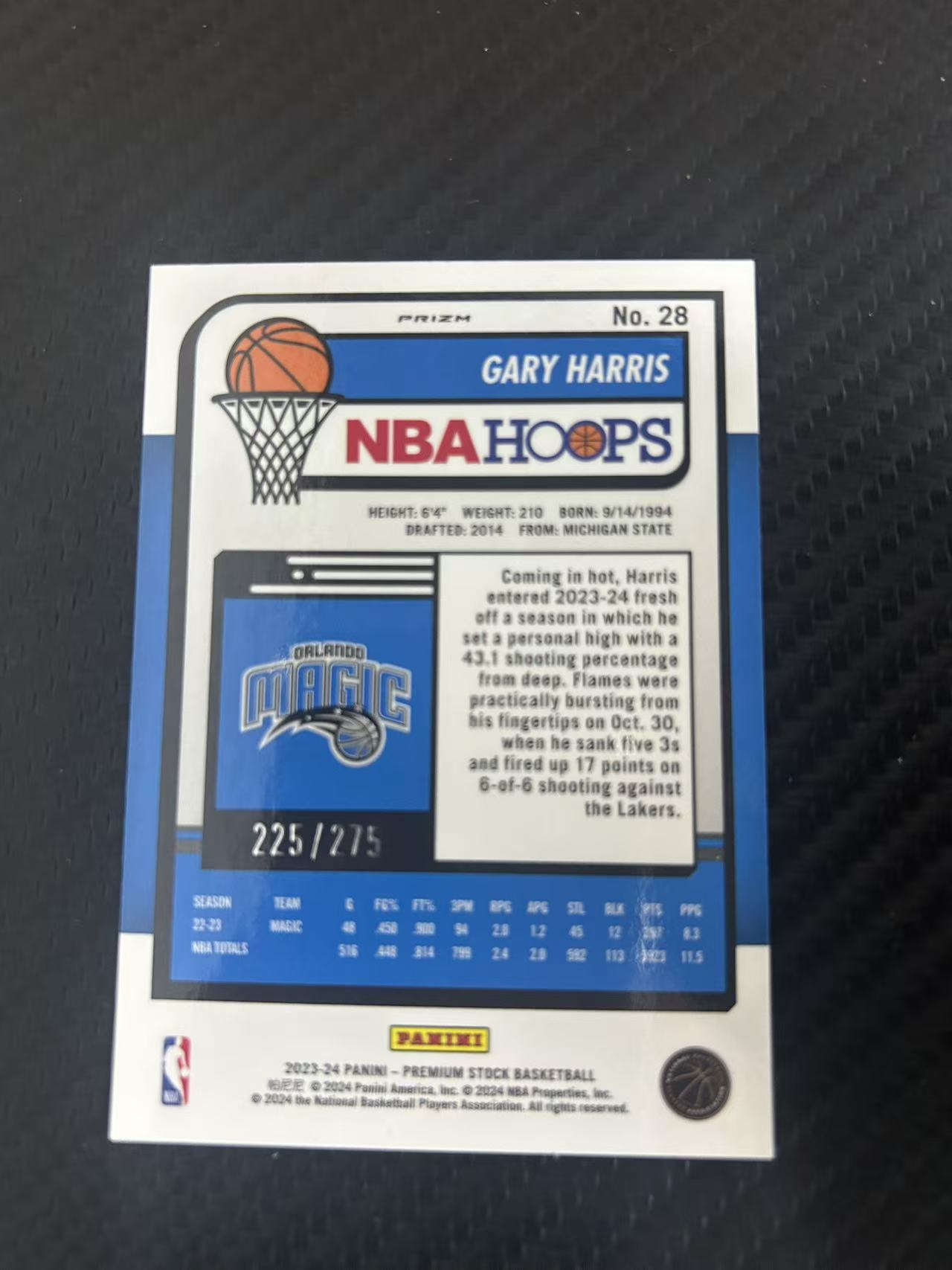 2023-24 Panini Premium Stock Gary Harris #28【灯灯拍卡】魔术 加里 哈里斯 225/275编 特卡 红折【雪茄】