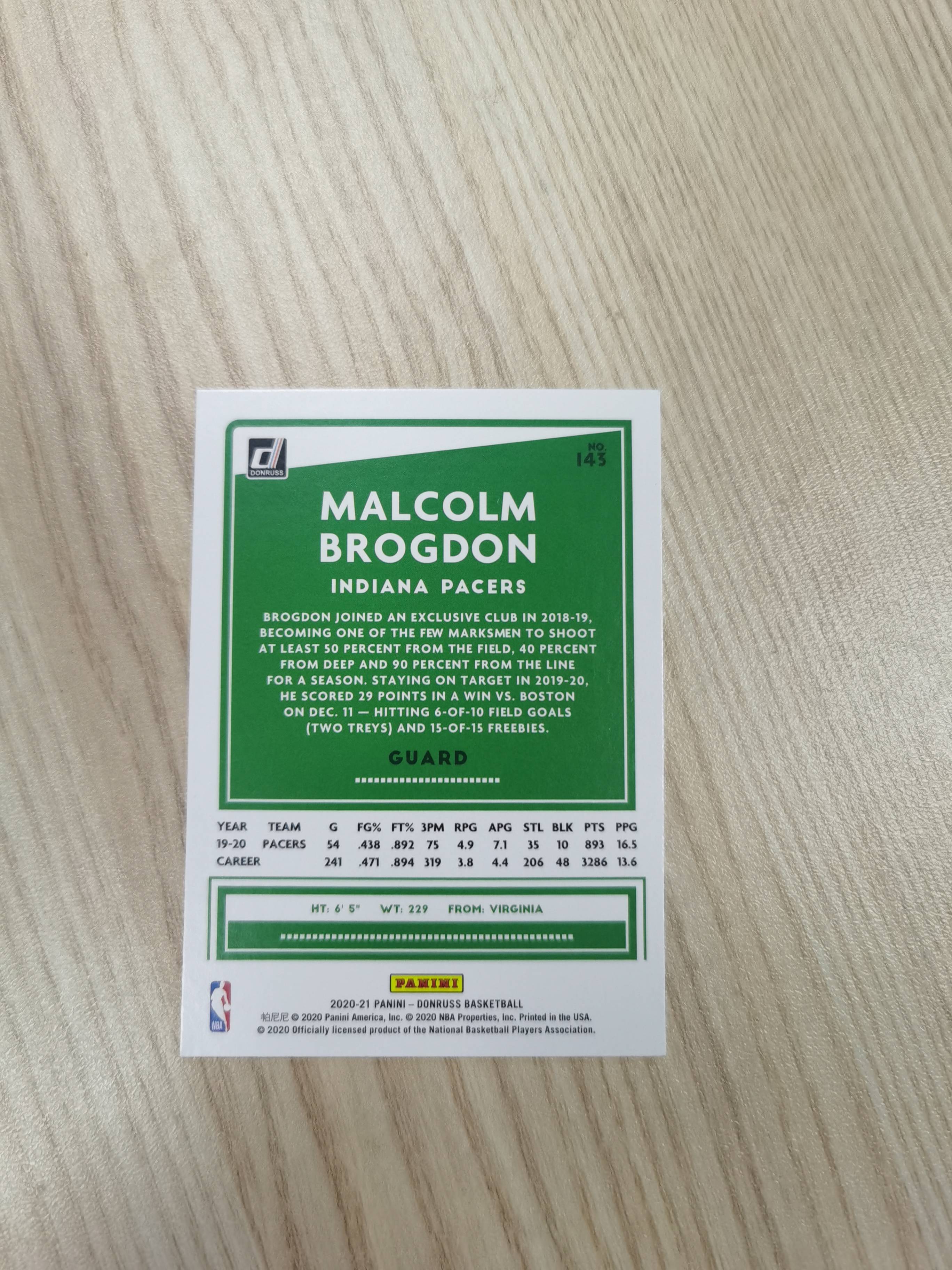 2020-21 Panini Donruss Malcolm Brogdon 2020-21 马尔科姆·布罗格登 杜蕾斯 2017赛季最佳新秀及新秀一阵 180俱乐部成员 凯尔特人步行者 极具收藏价值