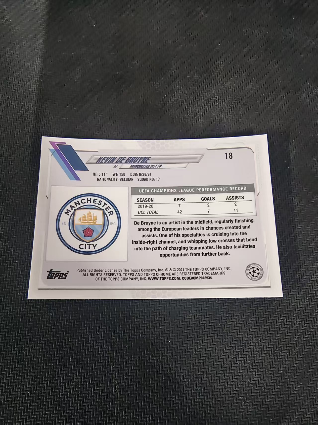 【可合并,不累计】2021 Topps Chrome Kevin De Bruyne 曼城 德布劳内 欧冠 划痕 边角瑕疵 @18