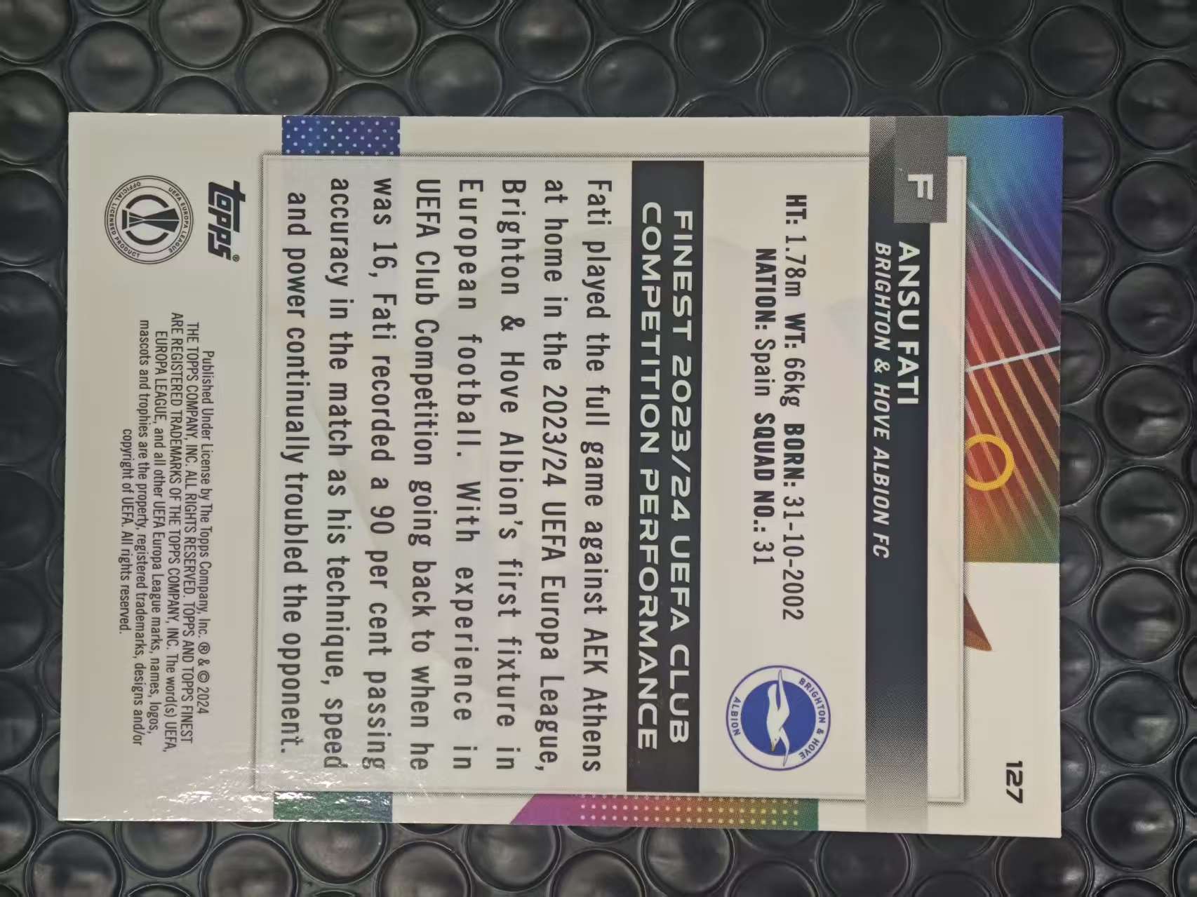 2023-24 Topps Finest Ansu Fati 欧冠 布莱顿 西班牙 安苏 法蒂 85/99编 绿折 折射 卡品如图【原地起飞卡社】MVP11.6